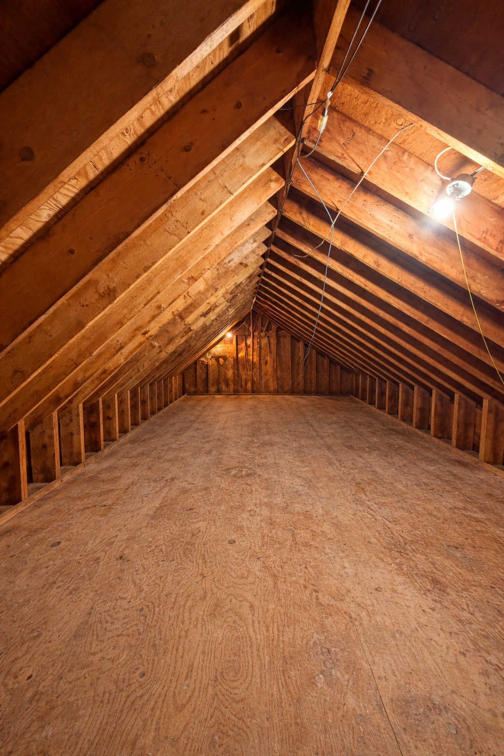 Attic space with wooden beams and floor, illuminated by a light bulb.