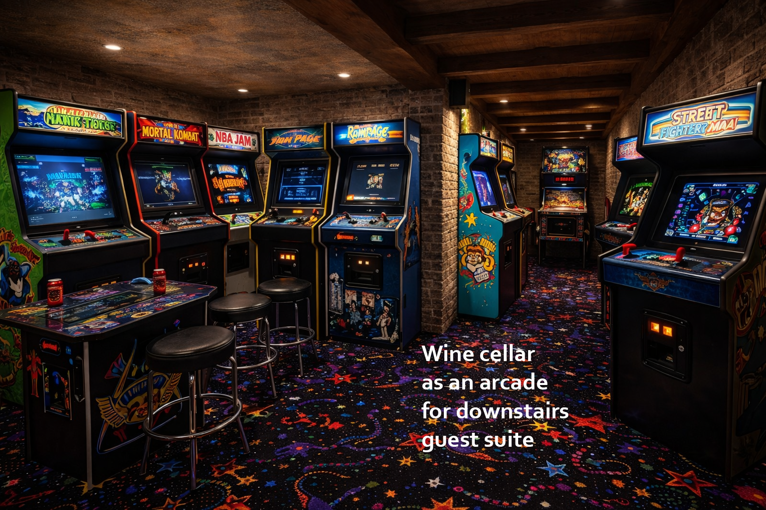 Arcade machines in a wine cellar setting with colorful carpet