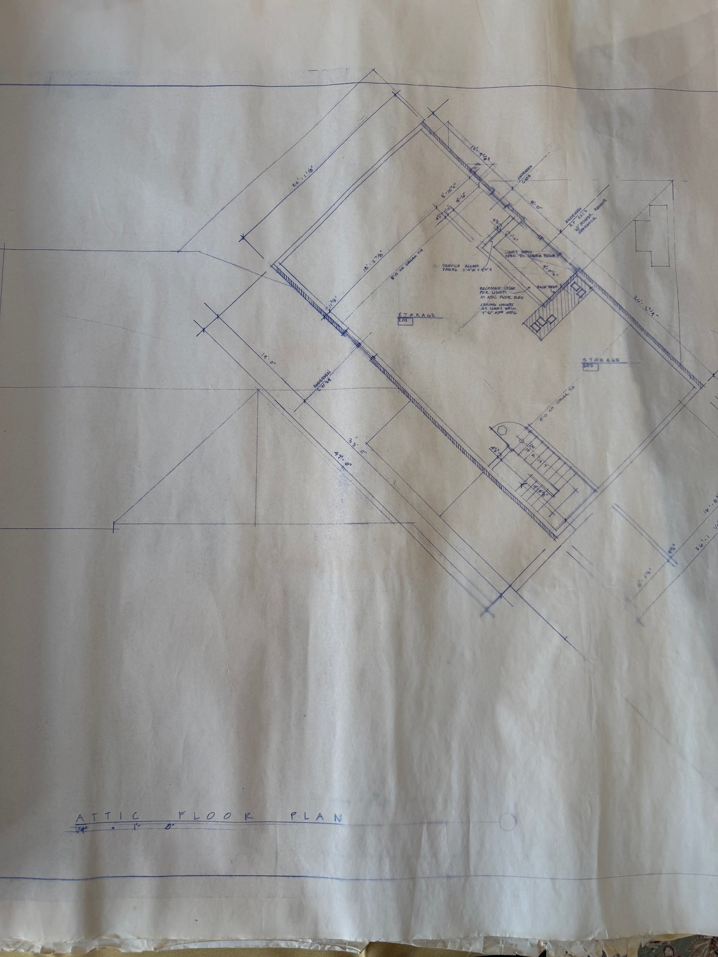 Technical drawing on paper with blue ink lines