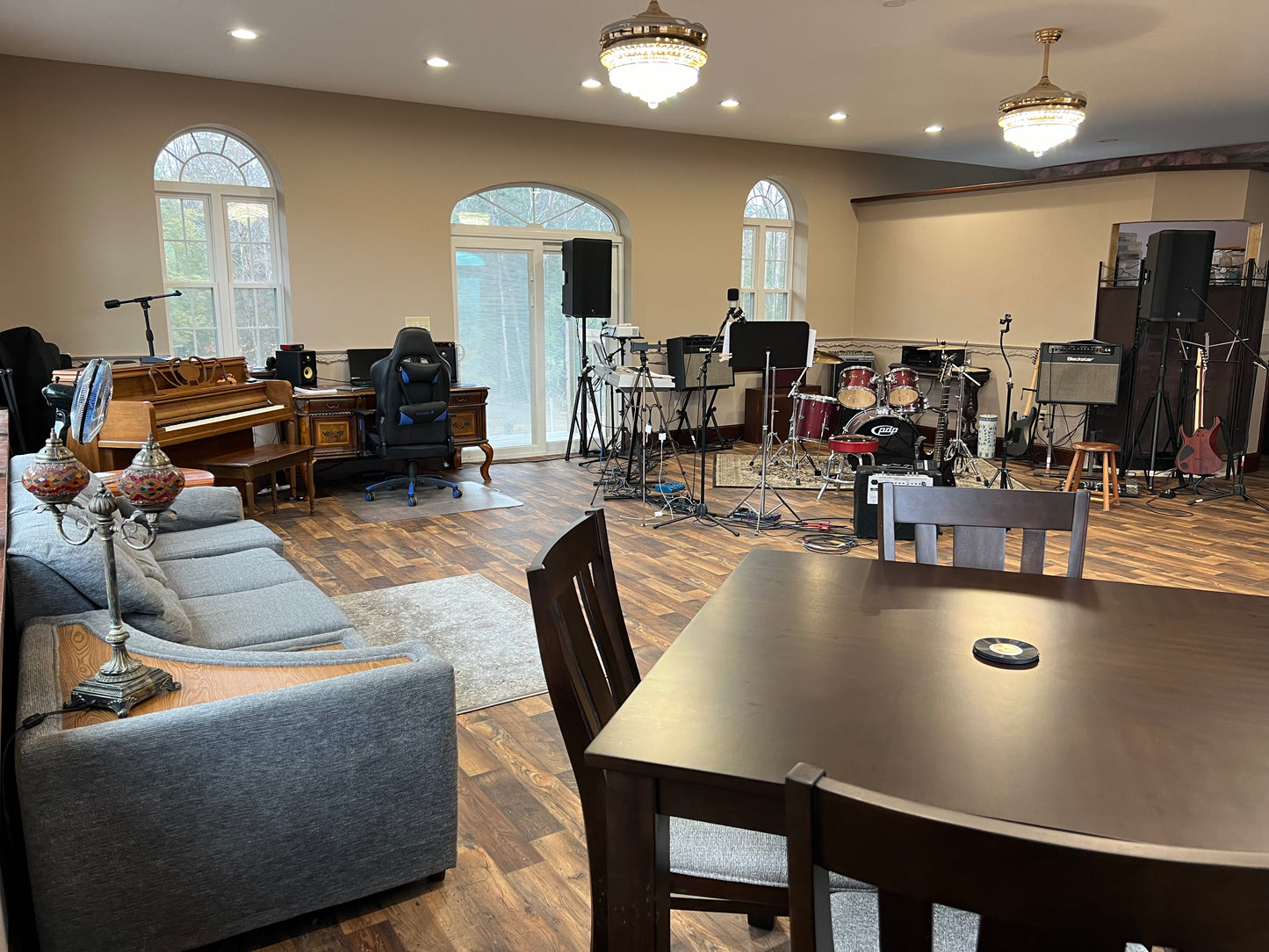 Music practice room with instruments and furniture