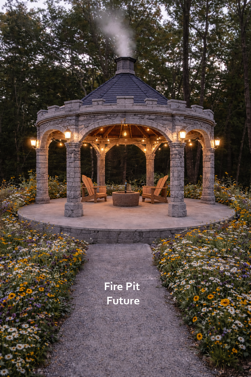 Stone gazebo with fire pit surrounded by flowers and trees Nature View NH Estate