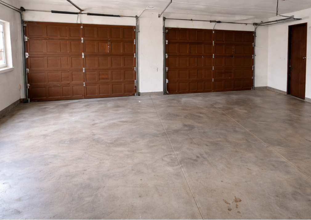 Empty garage with two brown garage doors and a concrete floor.