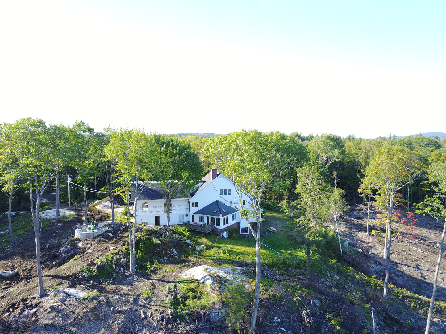 Aerial view of the estate surrounded by trees on a clear day