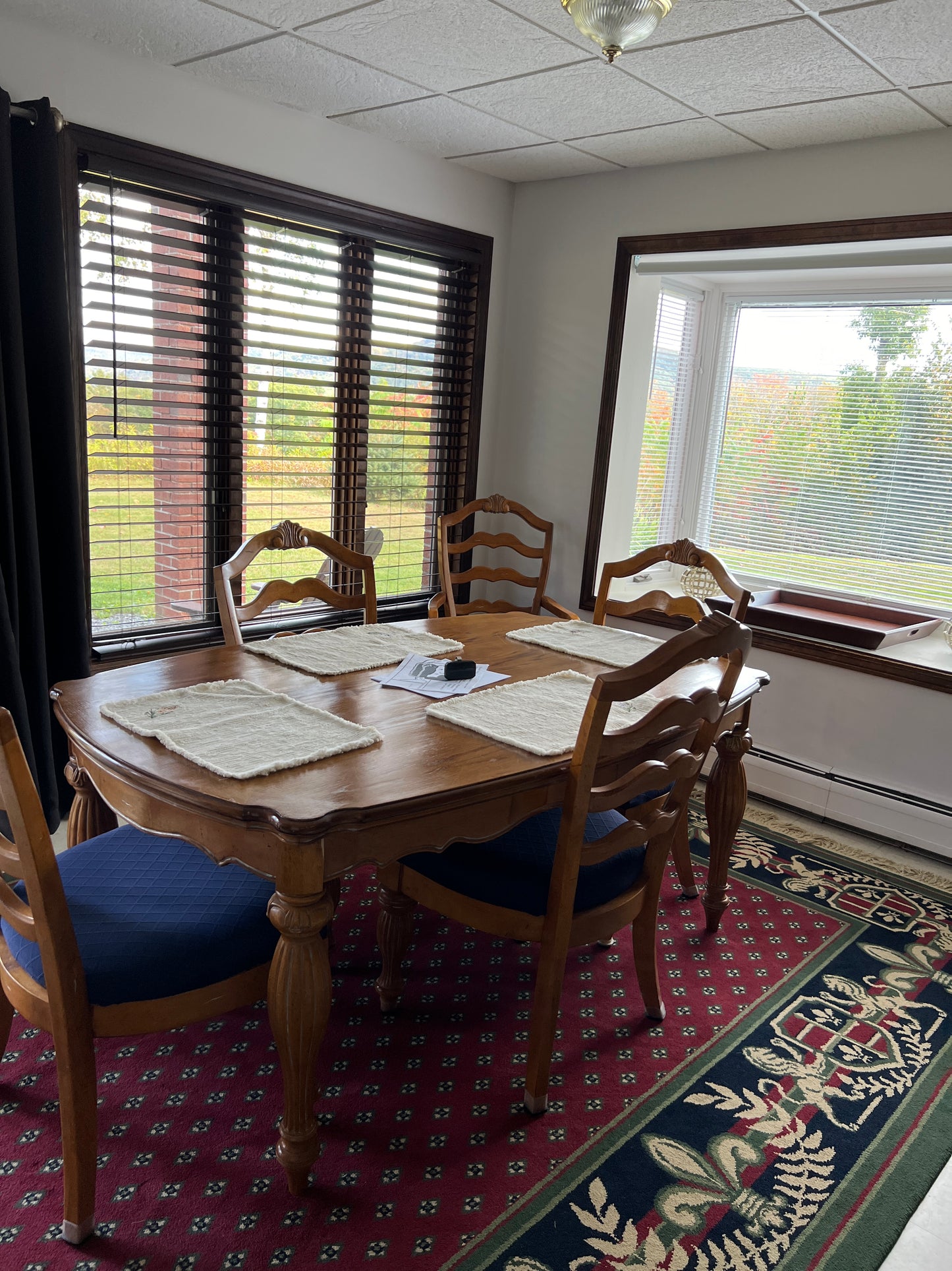 Wooden dining table with chairs near a window with blinds, on a patterned rug.