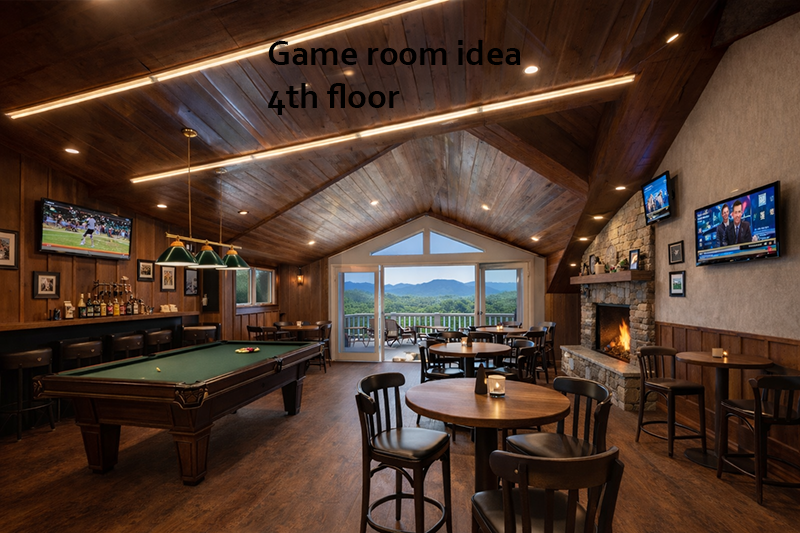 Game room with pool table, chairs, and multiple televisions on a 4th floor amazing views.