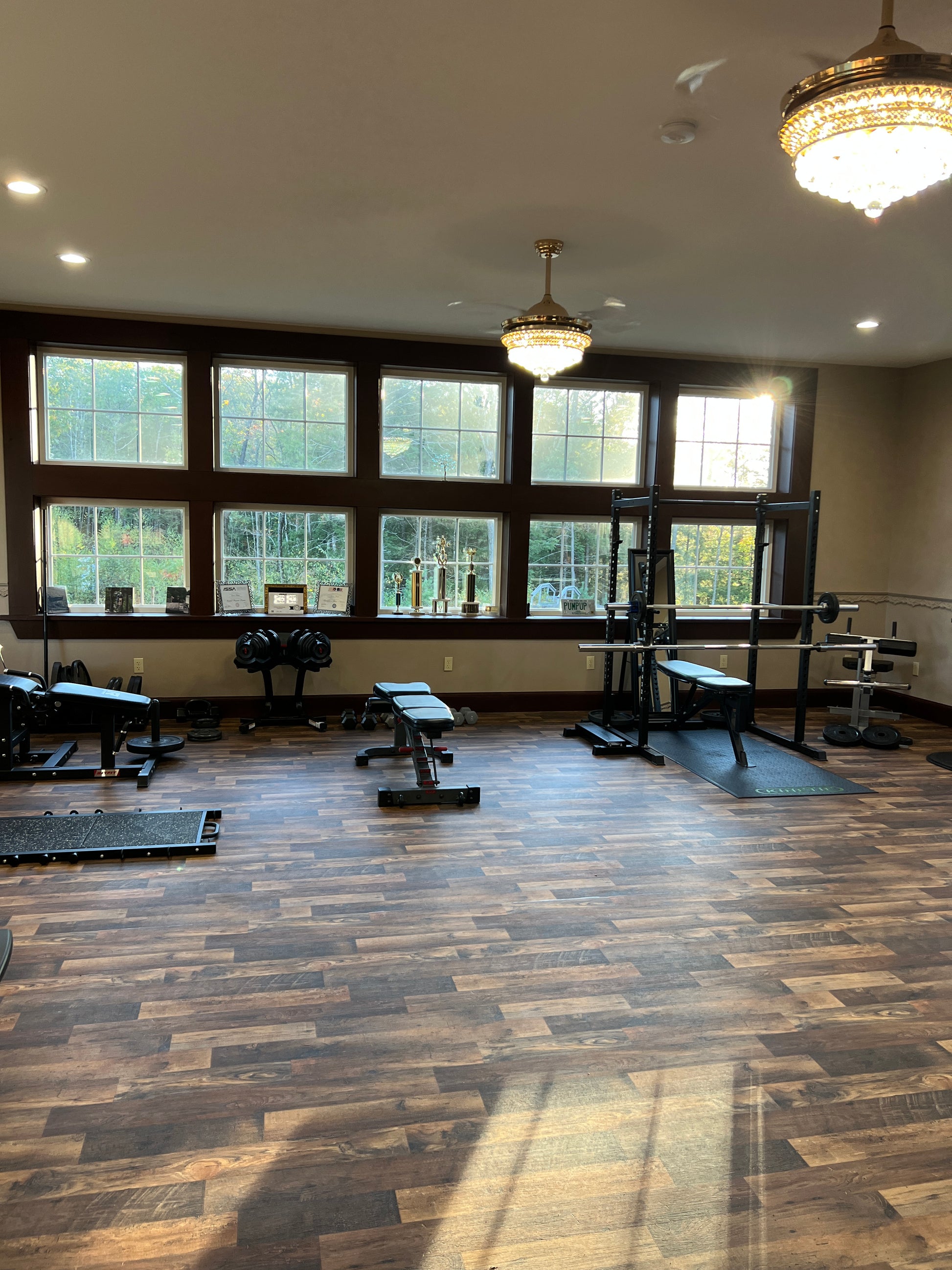 Large room with wooden floor and large windows, Gym could possibly  be used for a conference or meeting room.