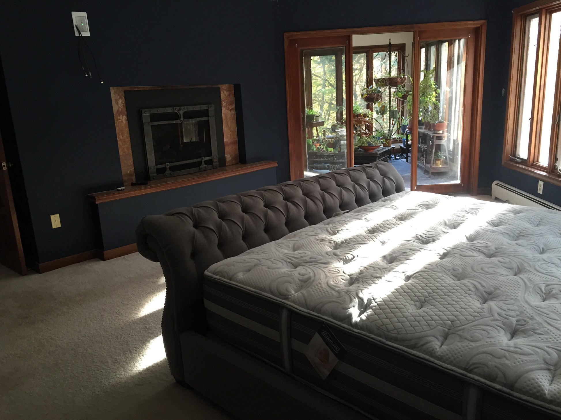 Bedroom with a large bed, fireplace, and large windows.