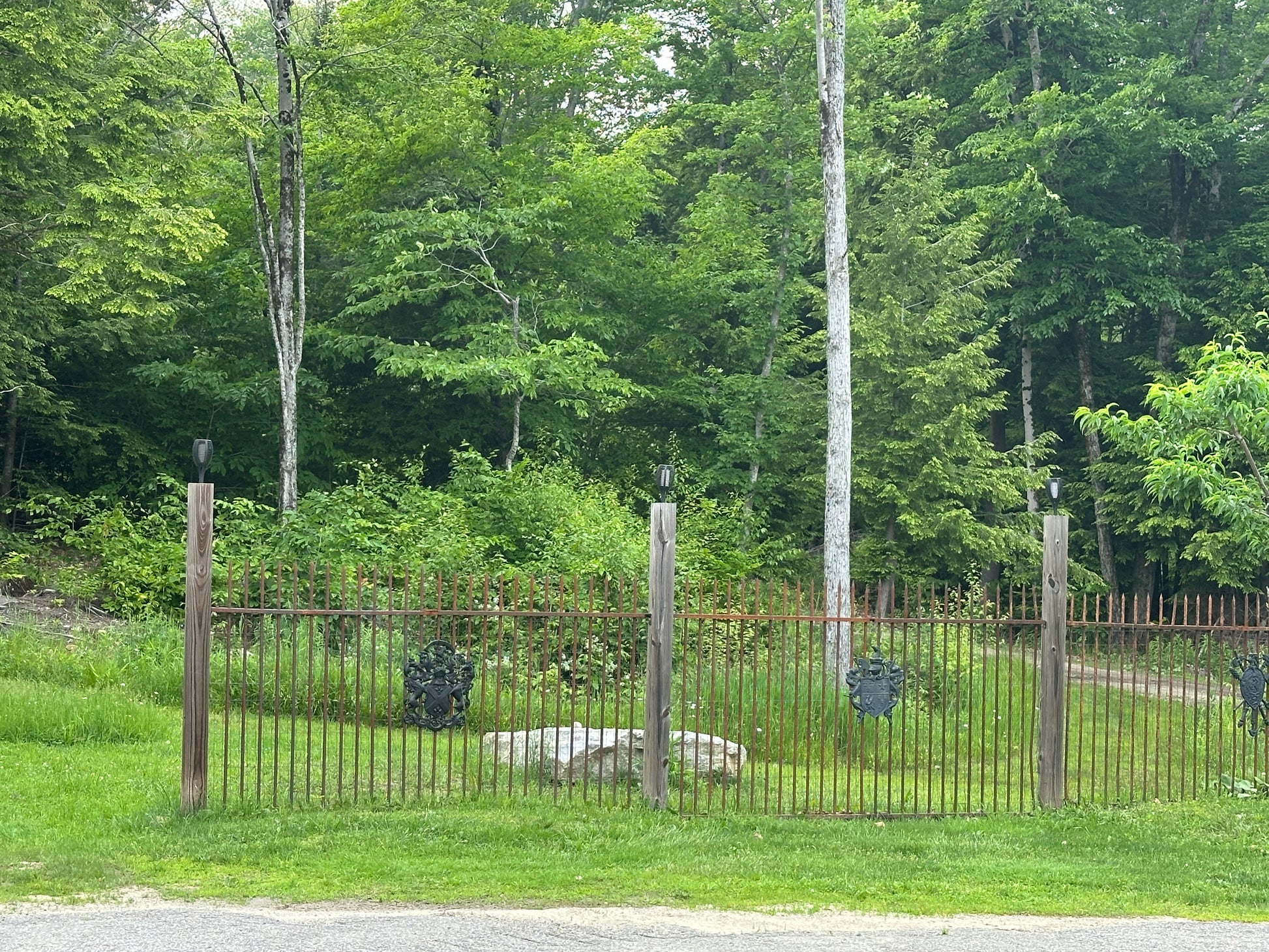 Fenced area with trees and a path in the background