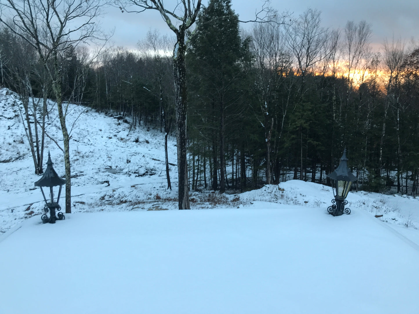 Reflection of a snowy landscape with trees. Fancy light on a flat deck