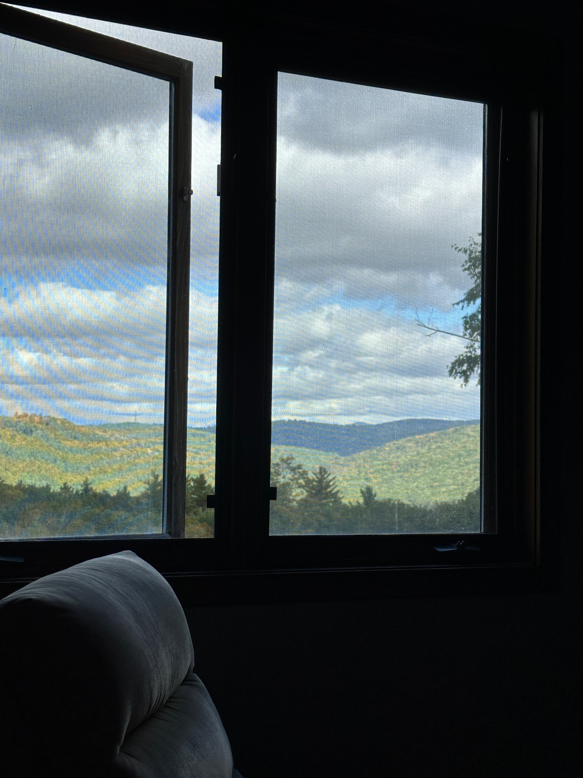 Two windows displaying a scenic view of a view and trees, with a dark room setting.