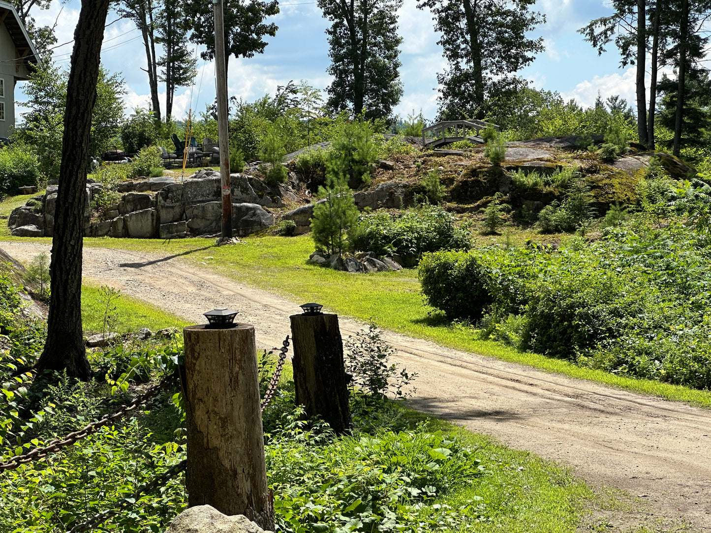 Front yard  of a rural landscape with a dirt road, trees, and rocks under a blue sky.