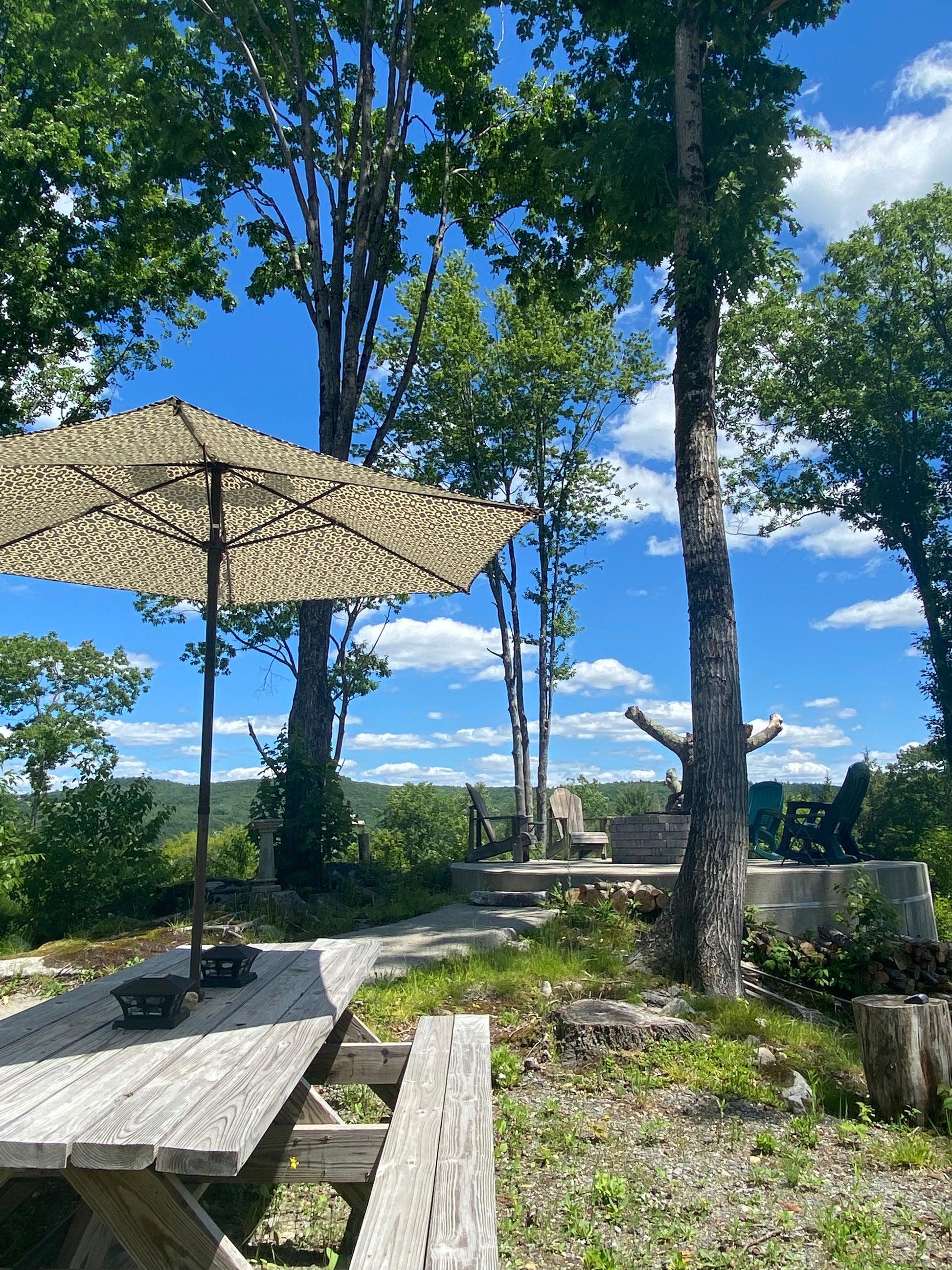 Umbrella on a picnic table in the sun next to the firepit with trees and blue sky in the background