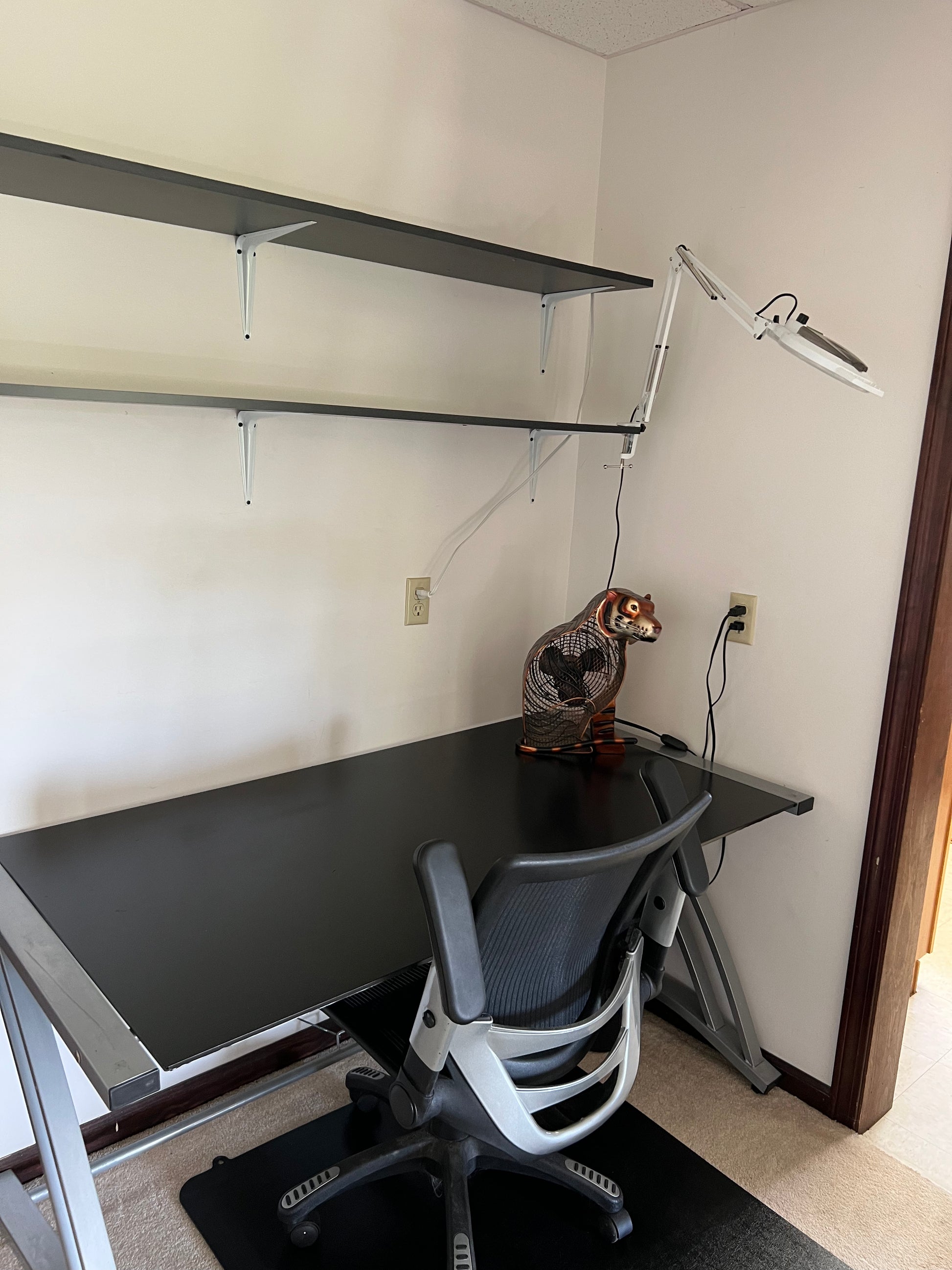 Home office setup with a adjustable desk and chair.
