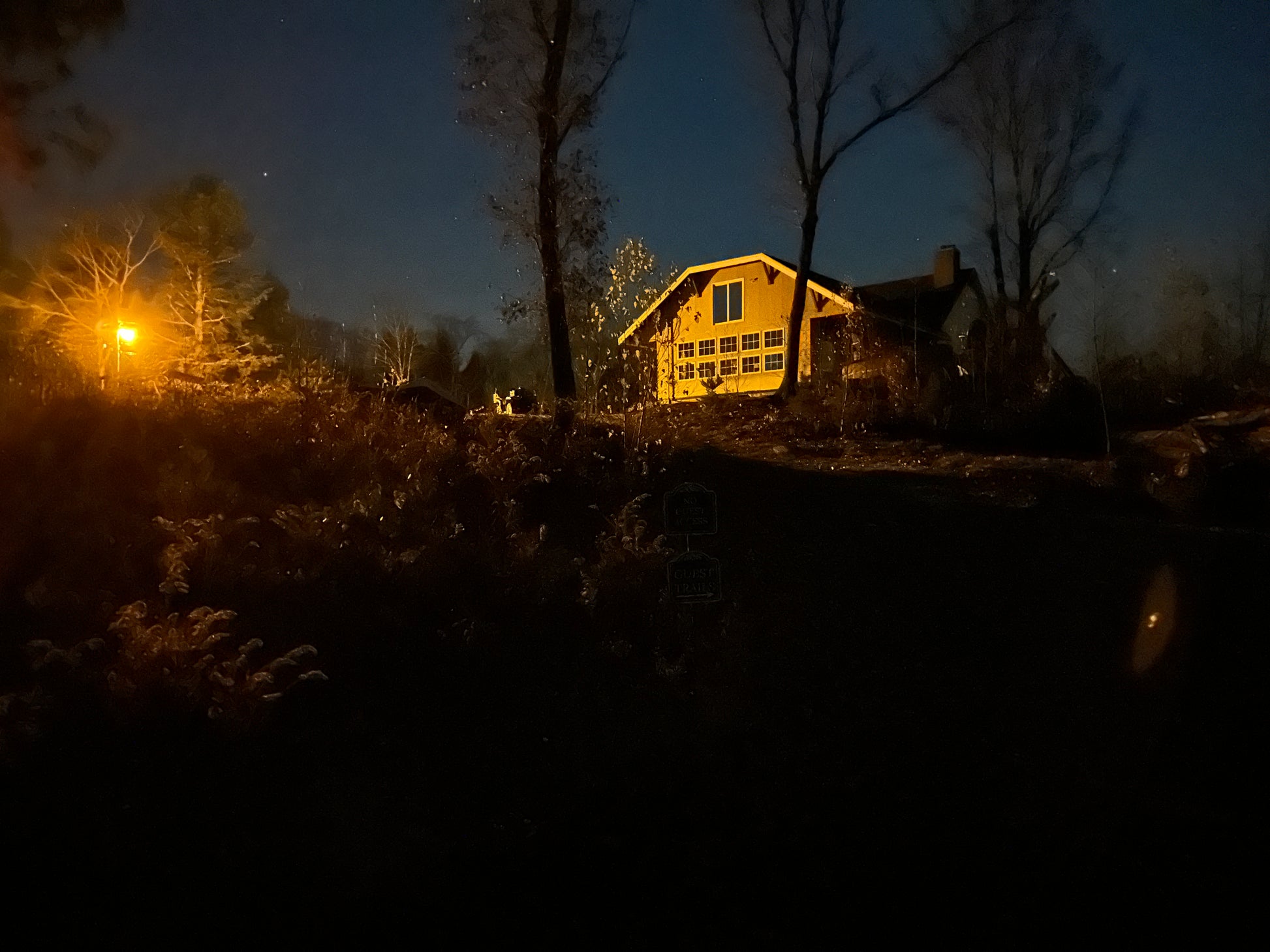 Mansion in a forest at night with street light and starlight