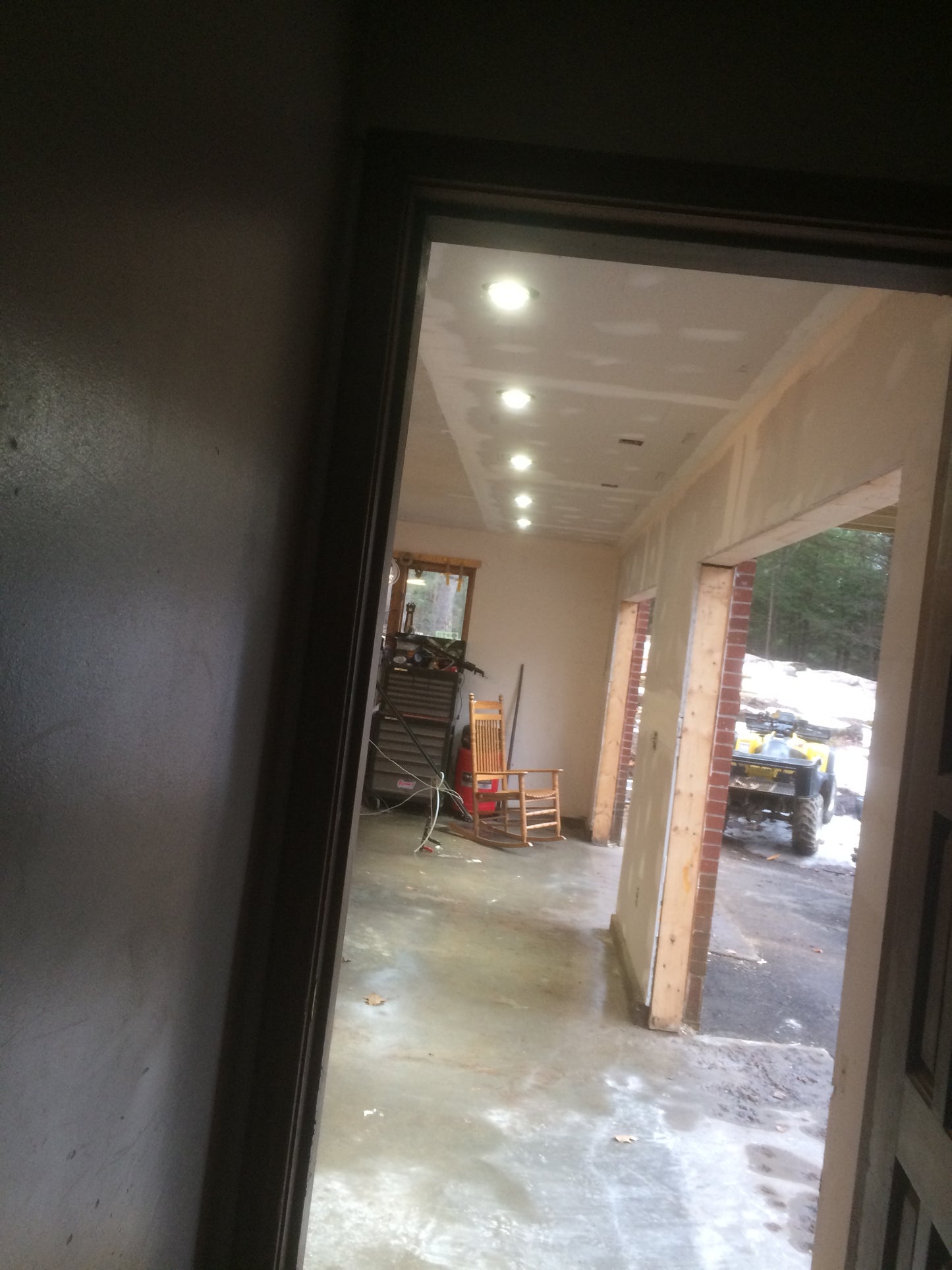 Looking in to  the two bay garage from house.