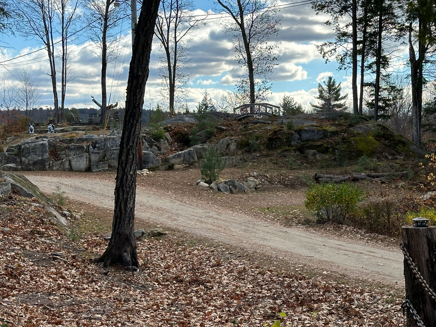 Scenic view of a forested area with a dirt driveway  ledges  a bridge gargoyles  big heavy chains trees, and rocky landscape.