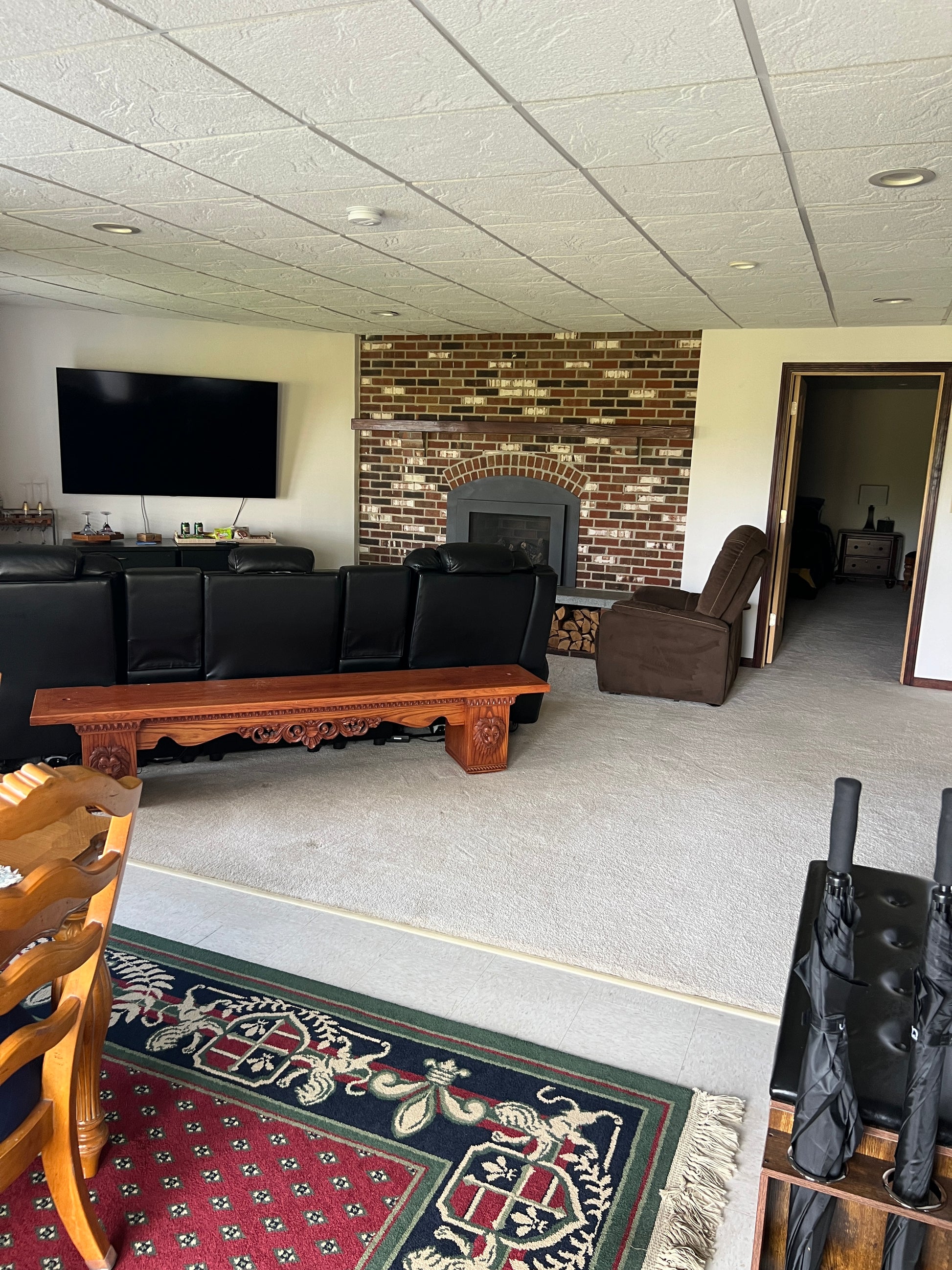 Living room with a fireplace, television, and decorative rug.