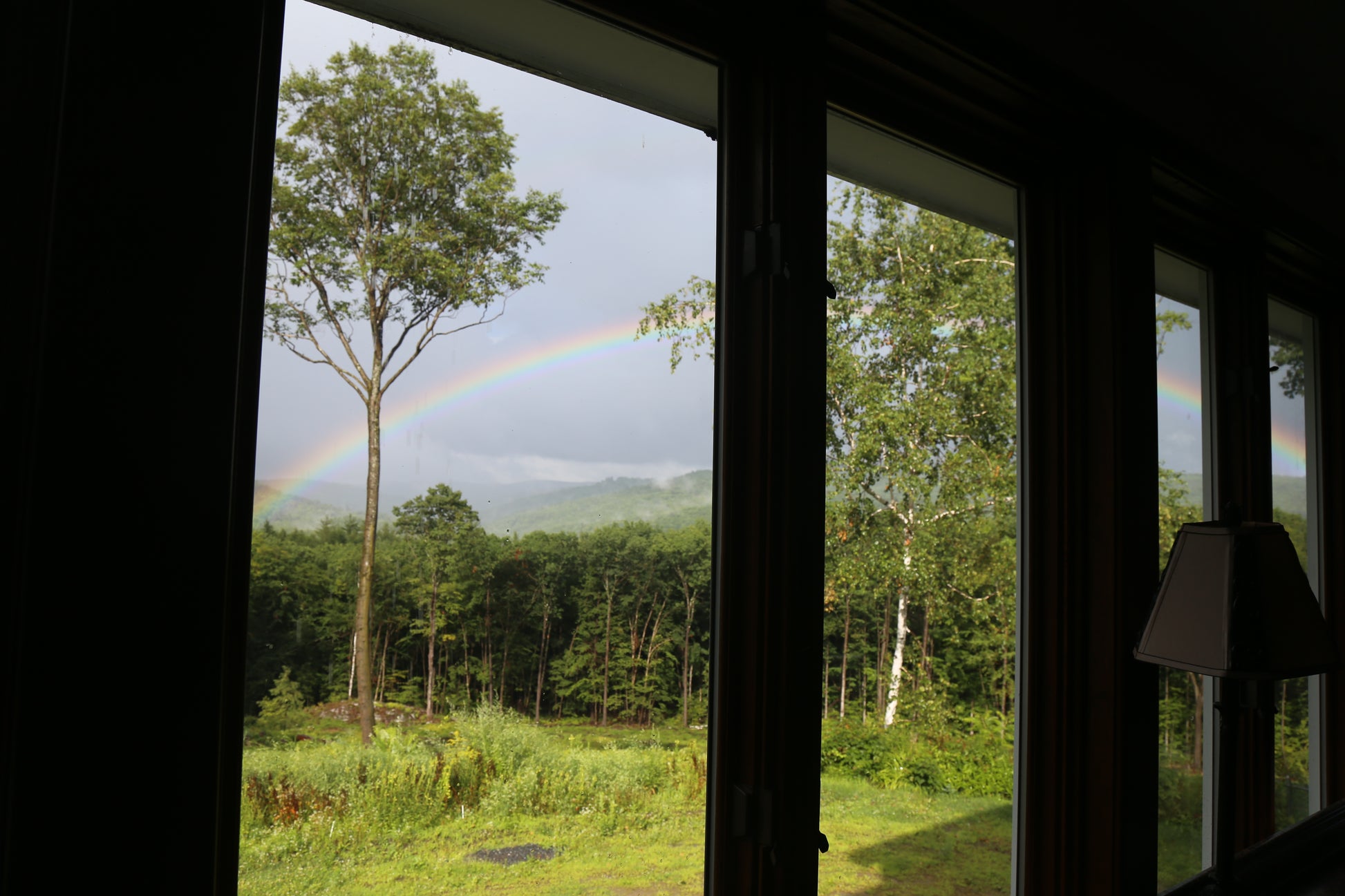 Rainbow visible through the sunroom windows with a view of trees and greenery outside
