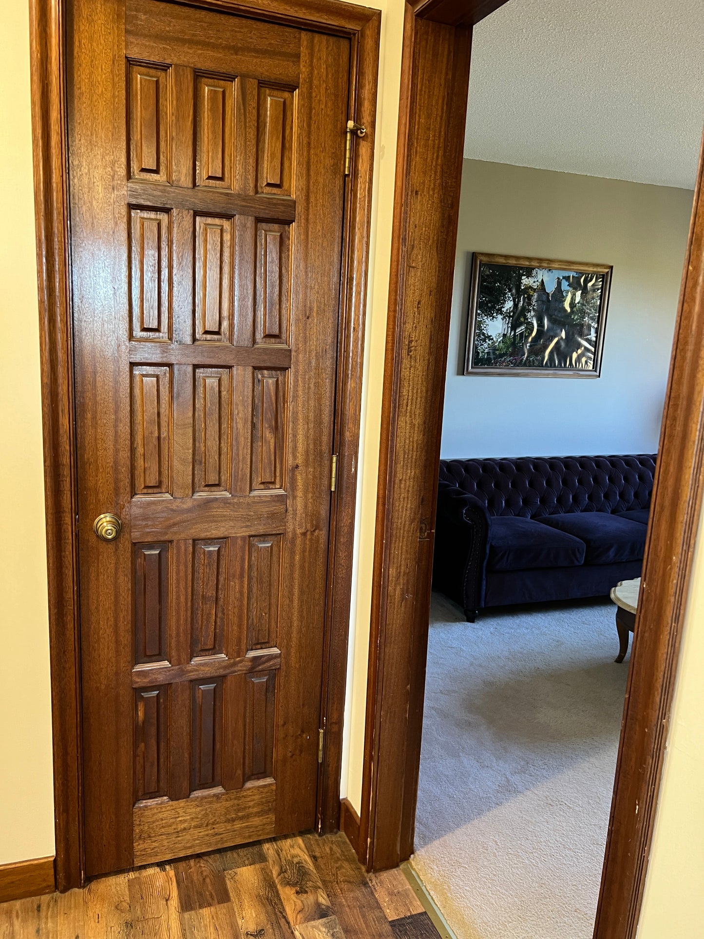 Wooden door with a mirror above it reflecting a room's interior.