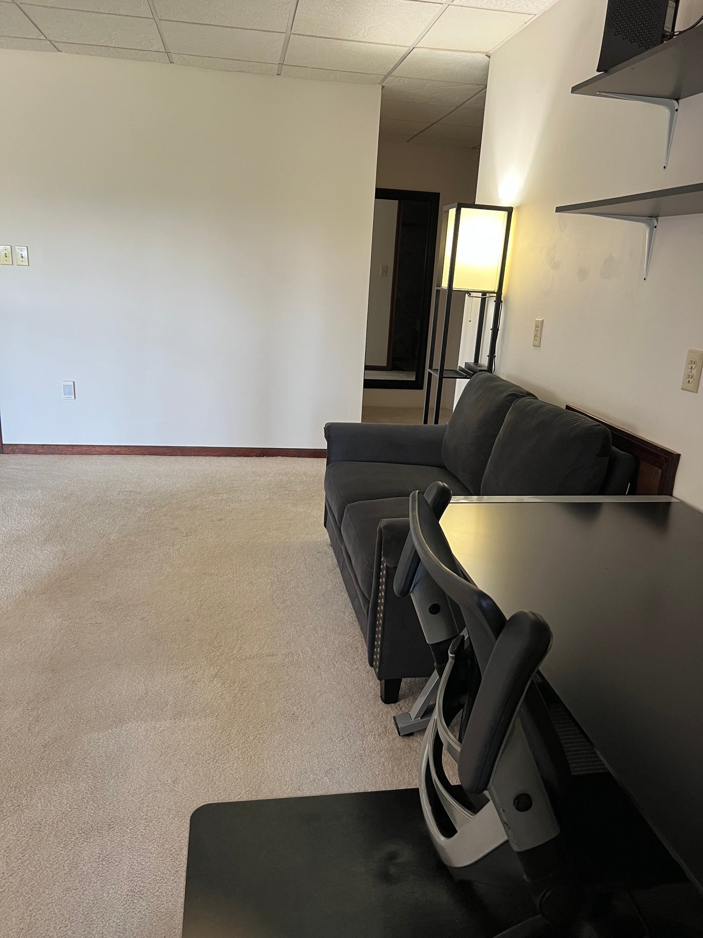 Modern office space with a gray sofa, black chairs, and a lamp.