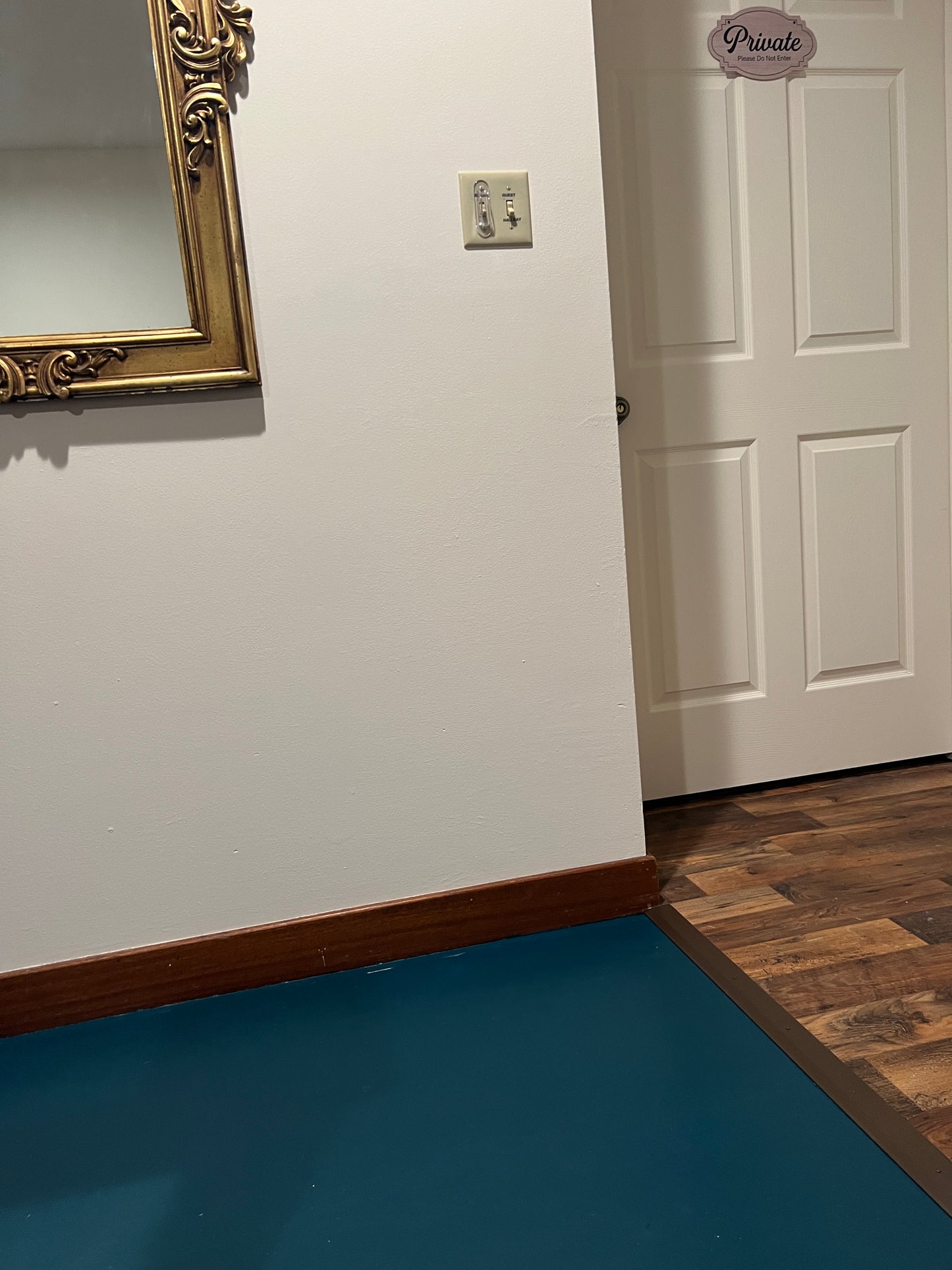White wall with a gold-framed mirror and a partially visible blue wall.