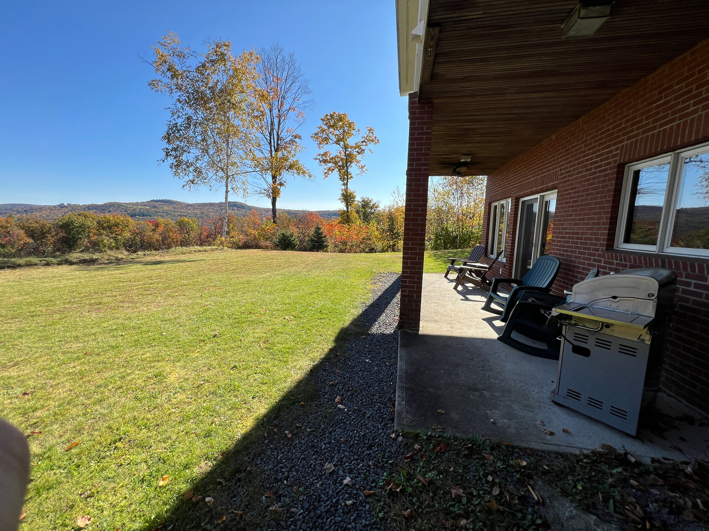 Outdoor patio area with grassy field and trees in the background