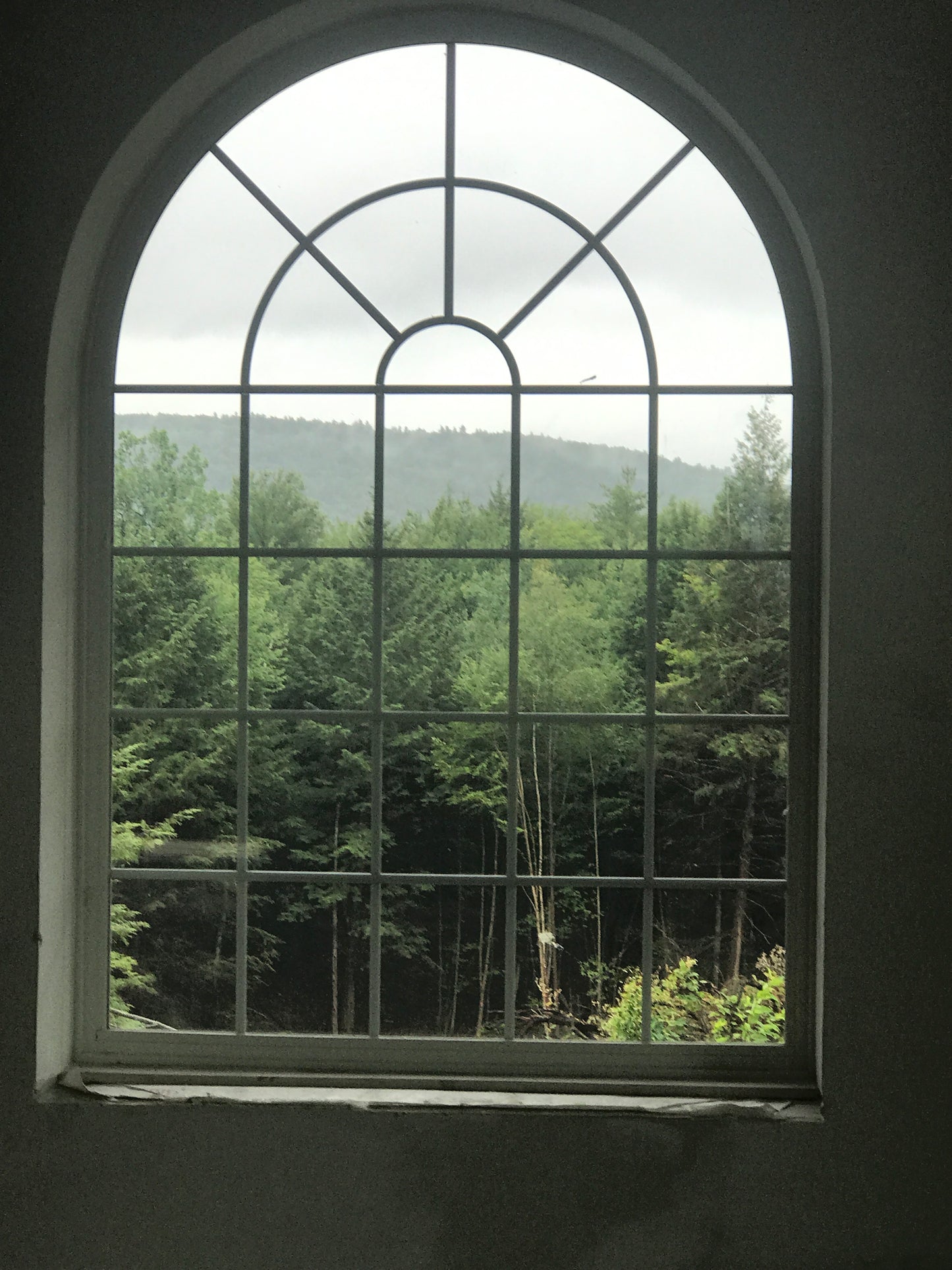 Arched window with a view of trees and water