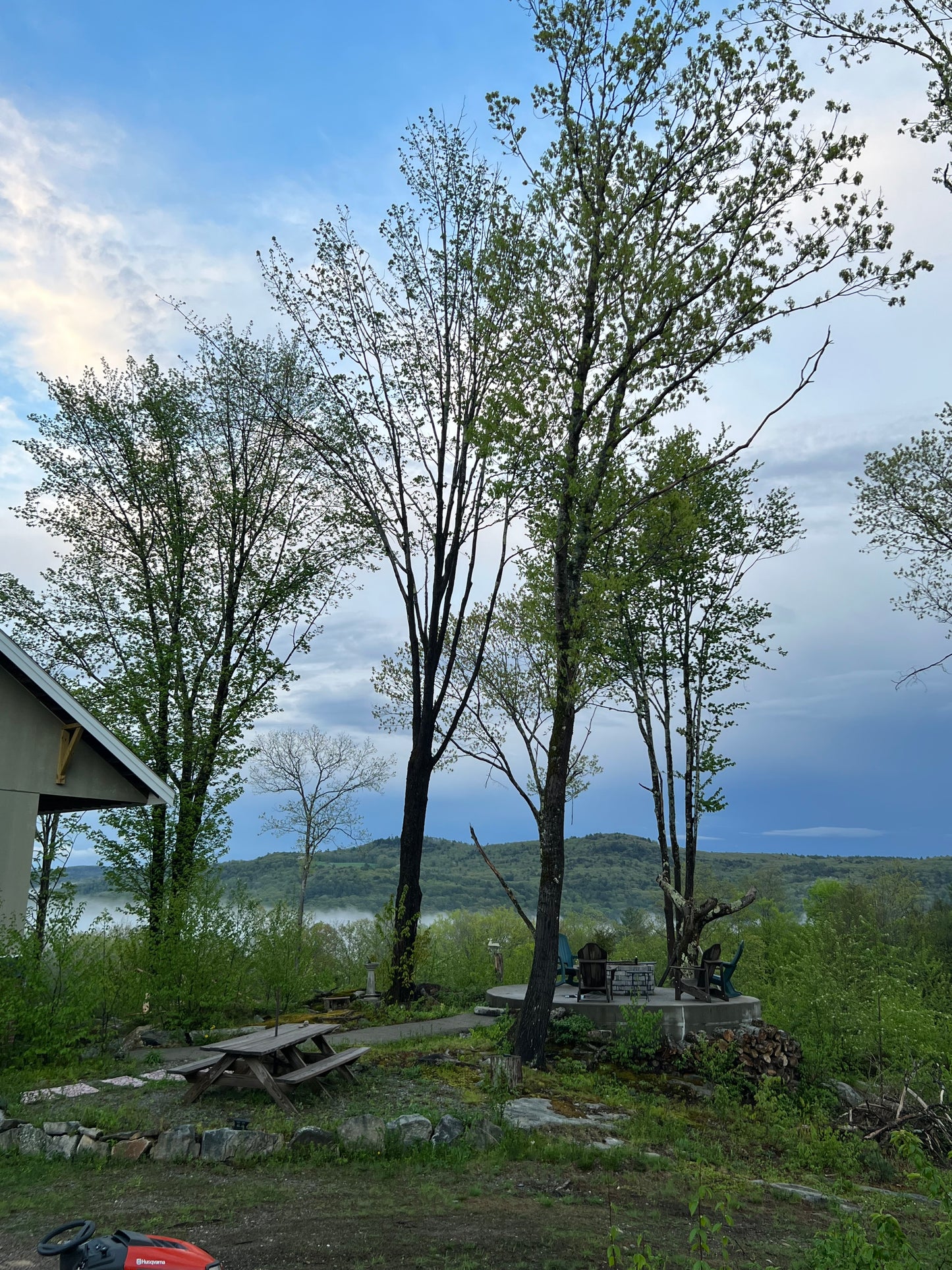 Scenic view with trees, a house, and mountains under a blue sky.