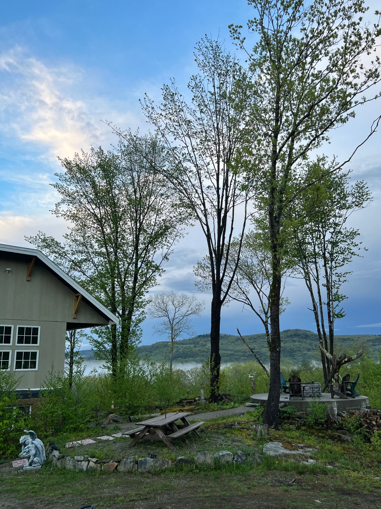 Tree with a clear blue sky and a house in the background with large raised fire pit Nature View NH Estate