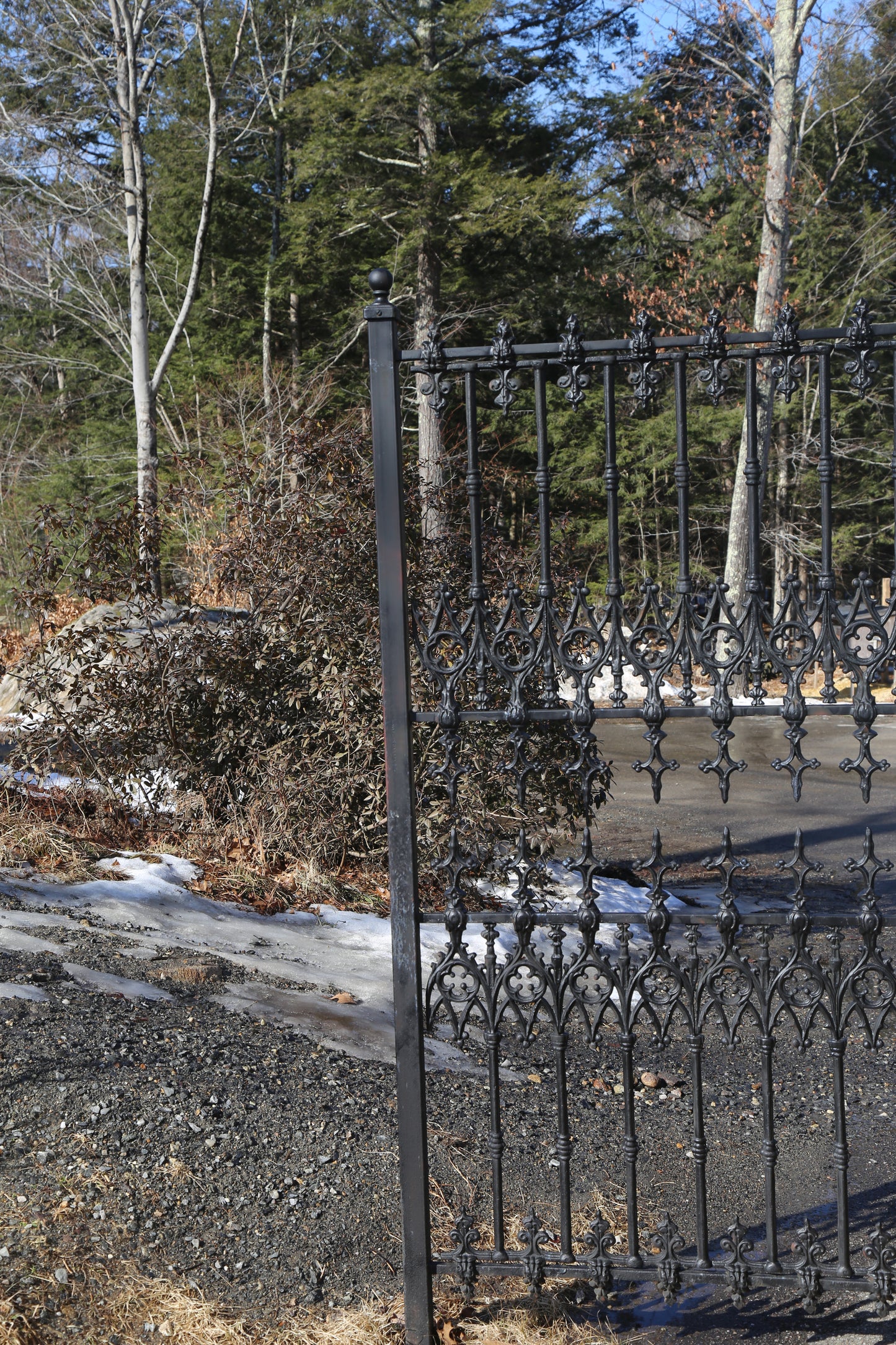 Wrought iron fence with trees and snow in the background