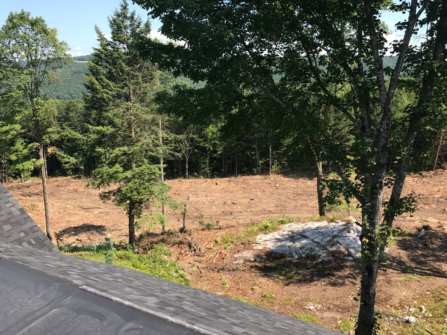 View from a window with a view of a  area and a cleared plot of land.