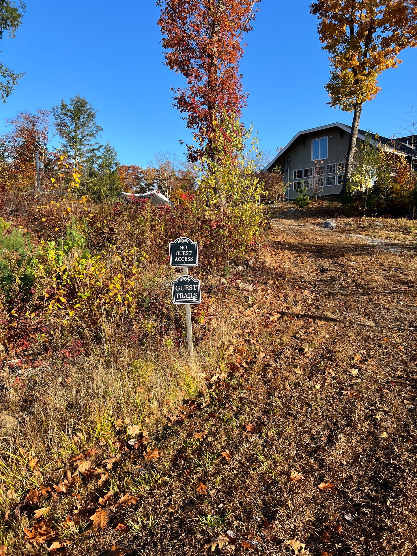 Autumn scene with trees and a house in the background. Sign says Guest Trails