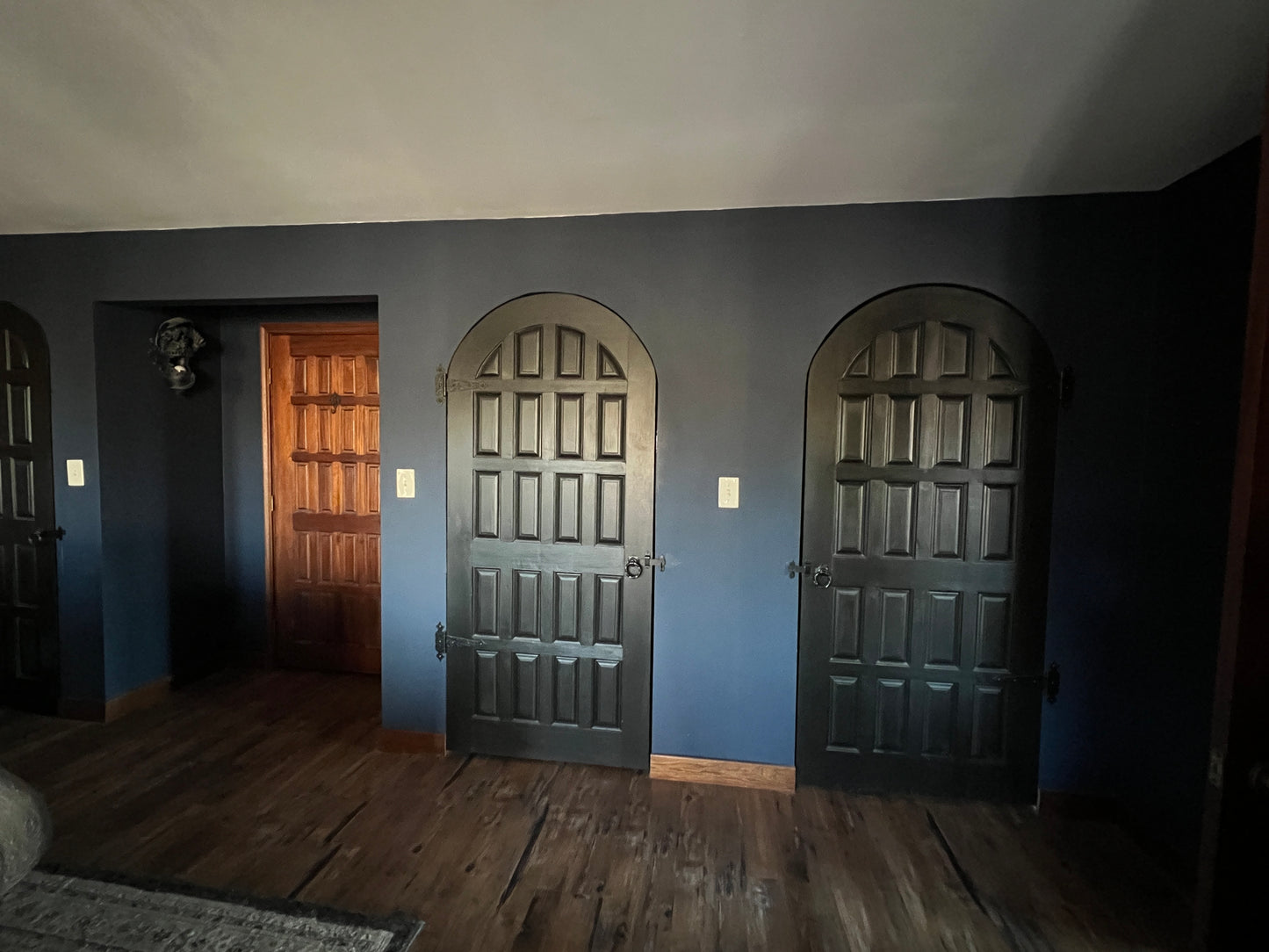 Dark wooden doors in a room with blue walls and wooden flooring.
