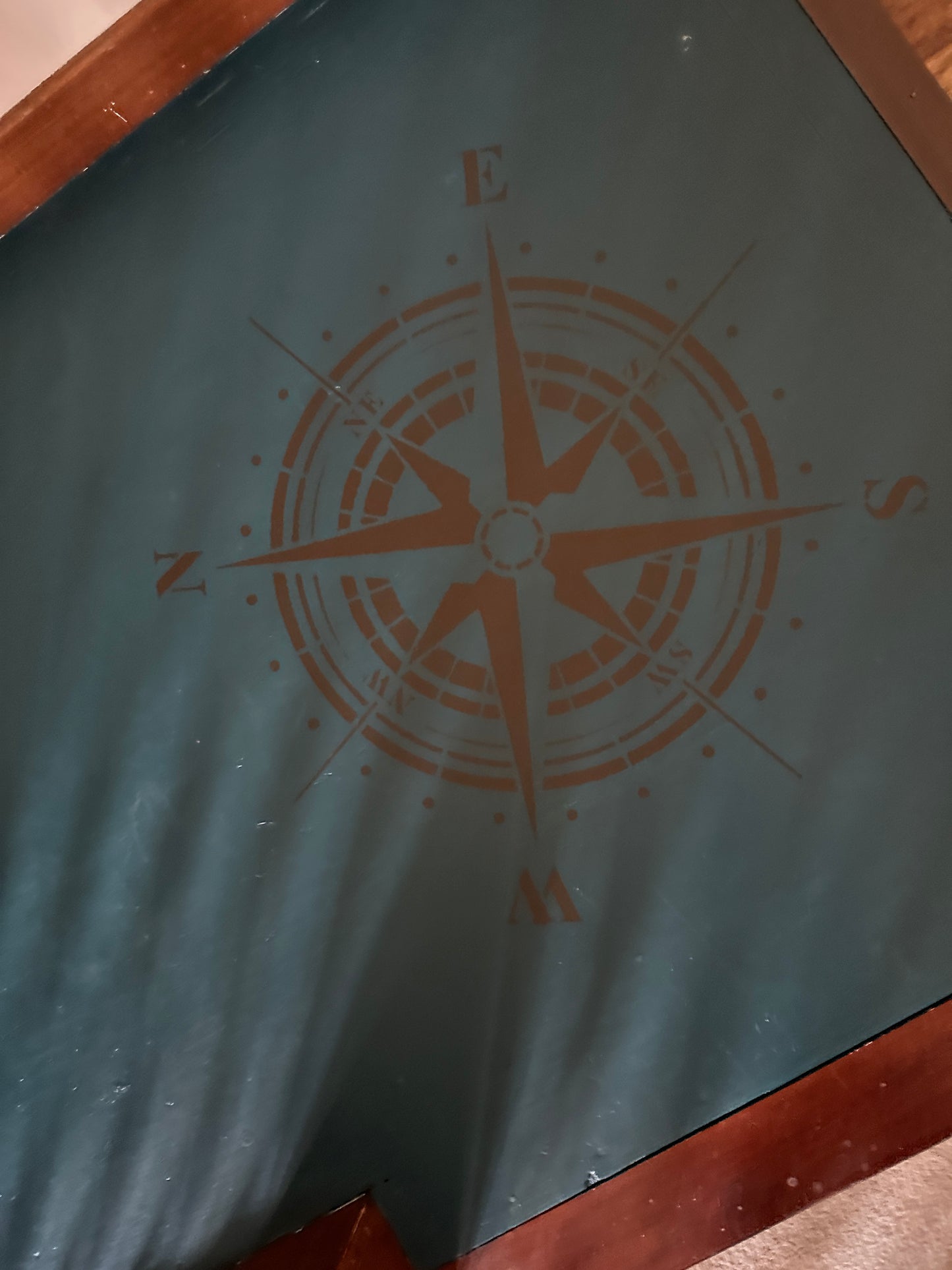 Compass design on a textured surface with wooden borders