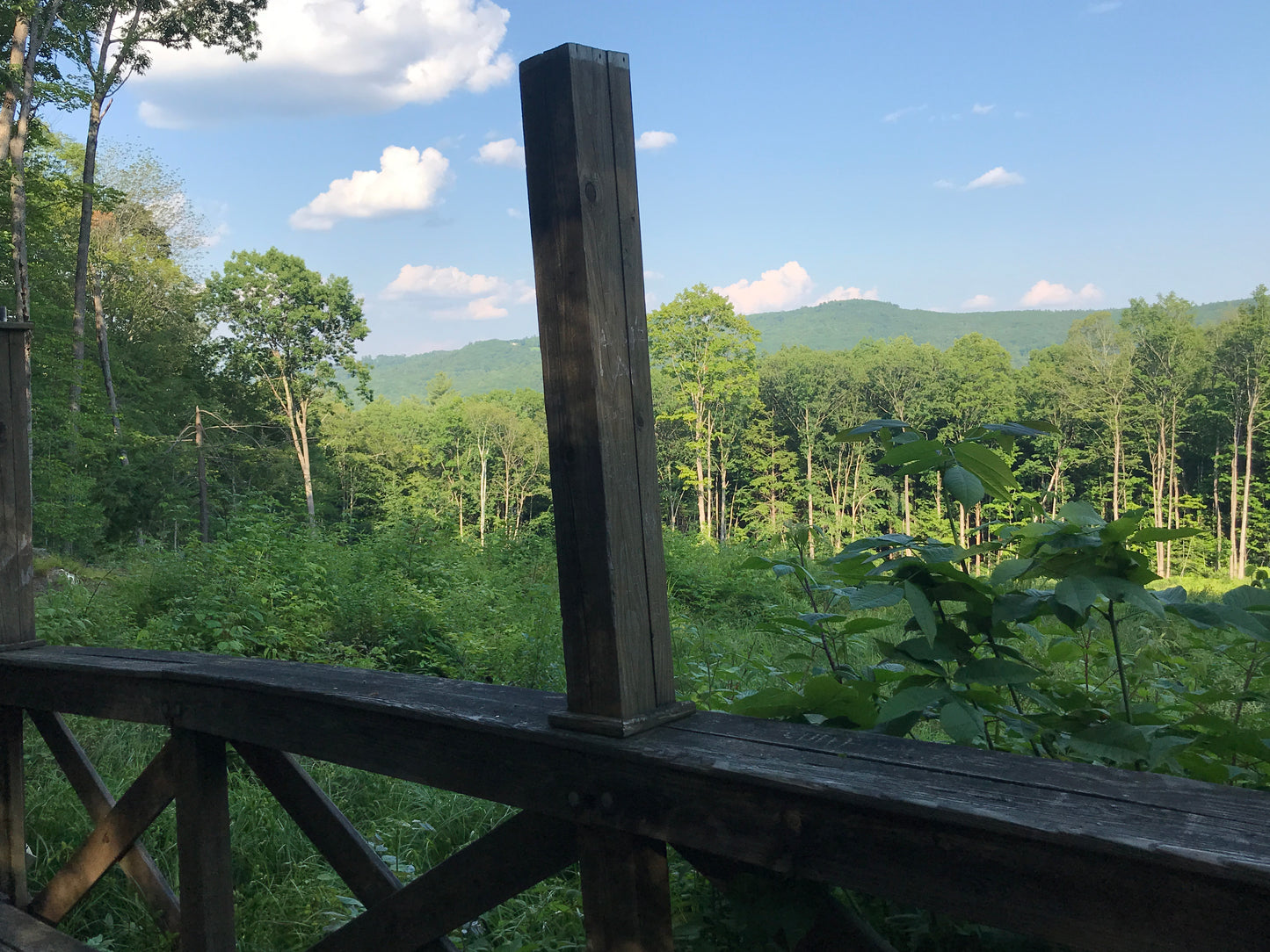 Wooden bridge  railing with a view of a forest and mountains