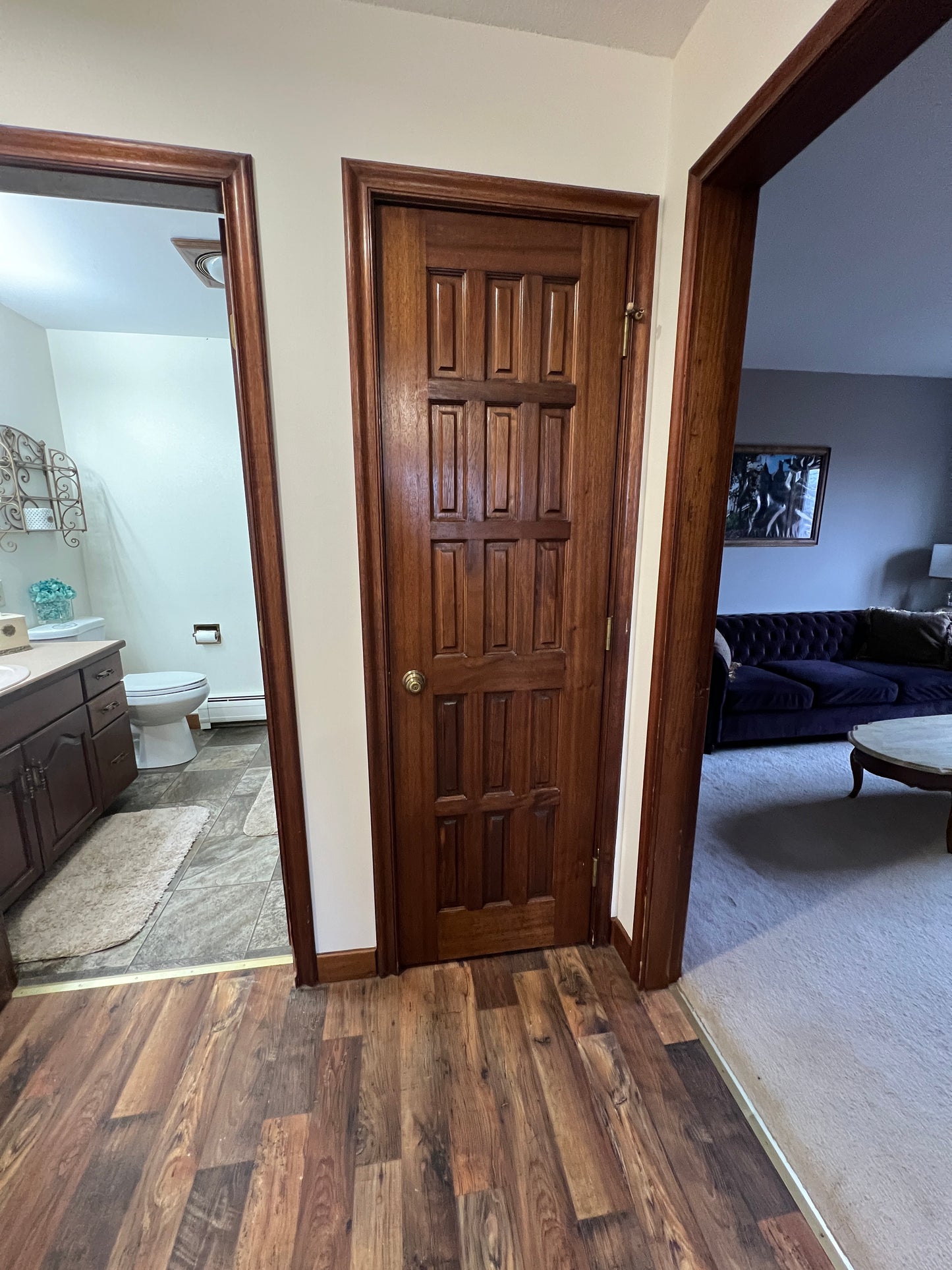 Wooden door with a gold handle in a room with wooden flooring.