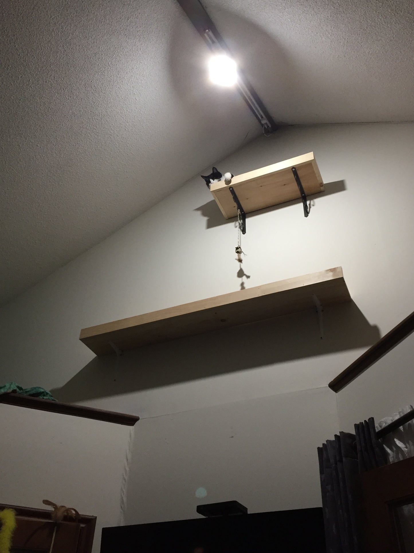 Small wooden shelfs against a white wall with a light source on the left.