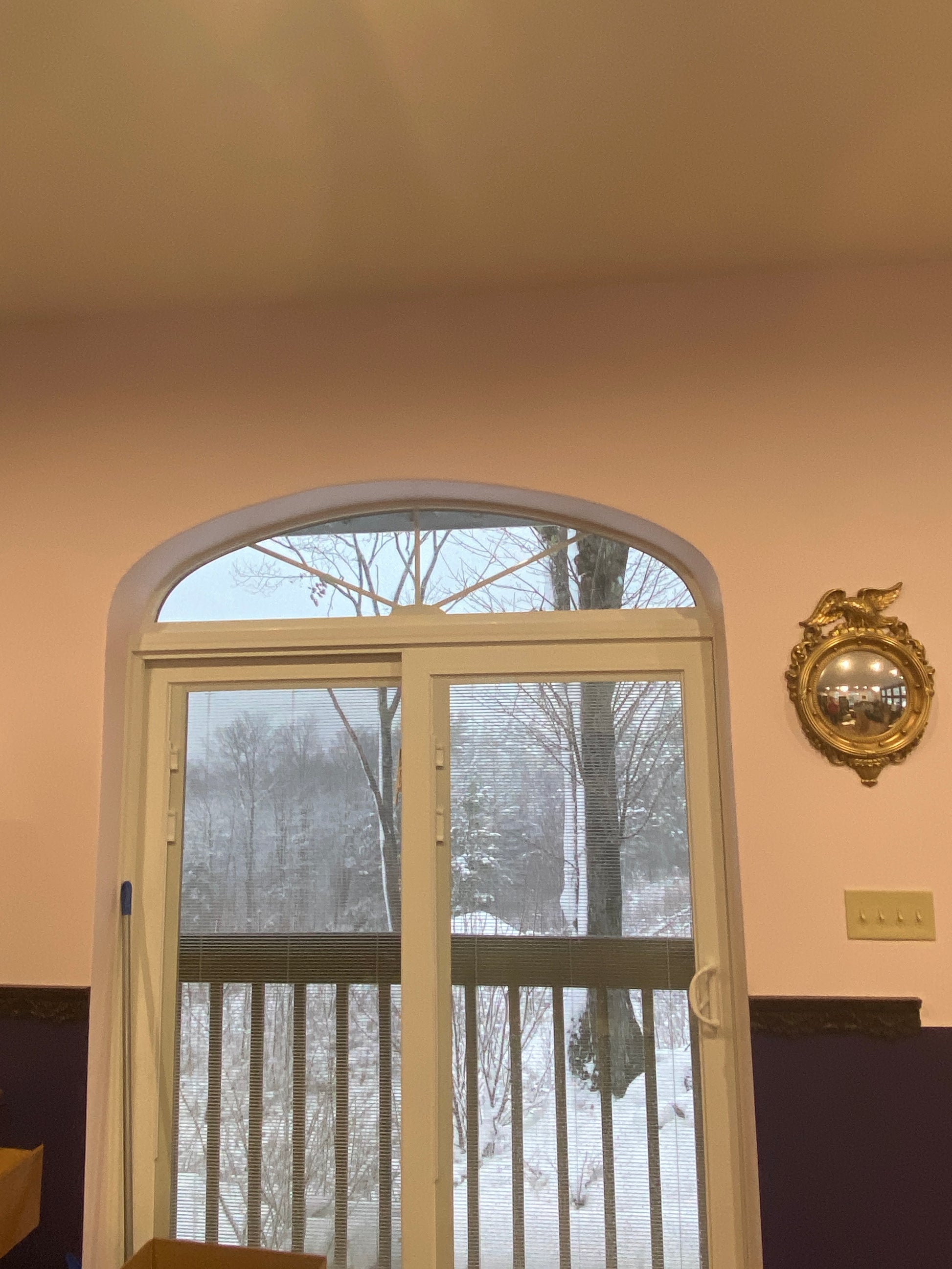 Window with blinds partially open, showing trees outside on a beige wall.