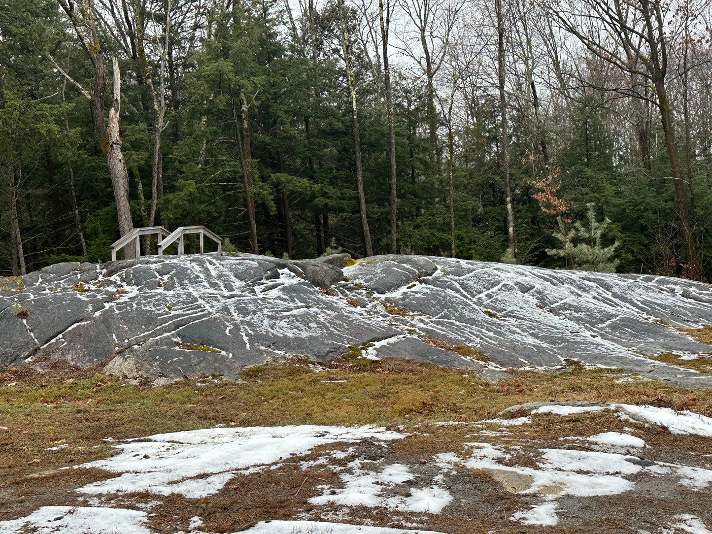 Rocks with snow patches in a forested area