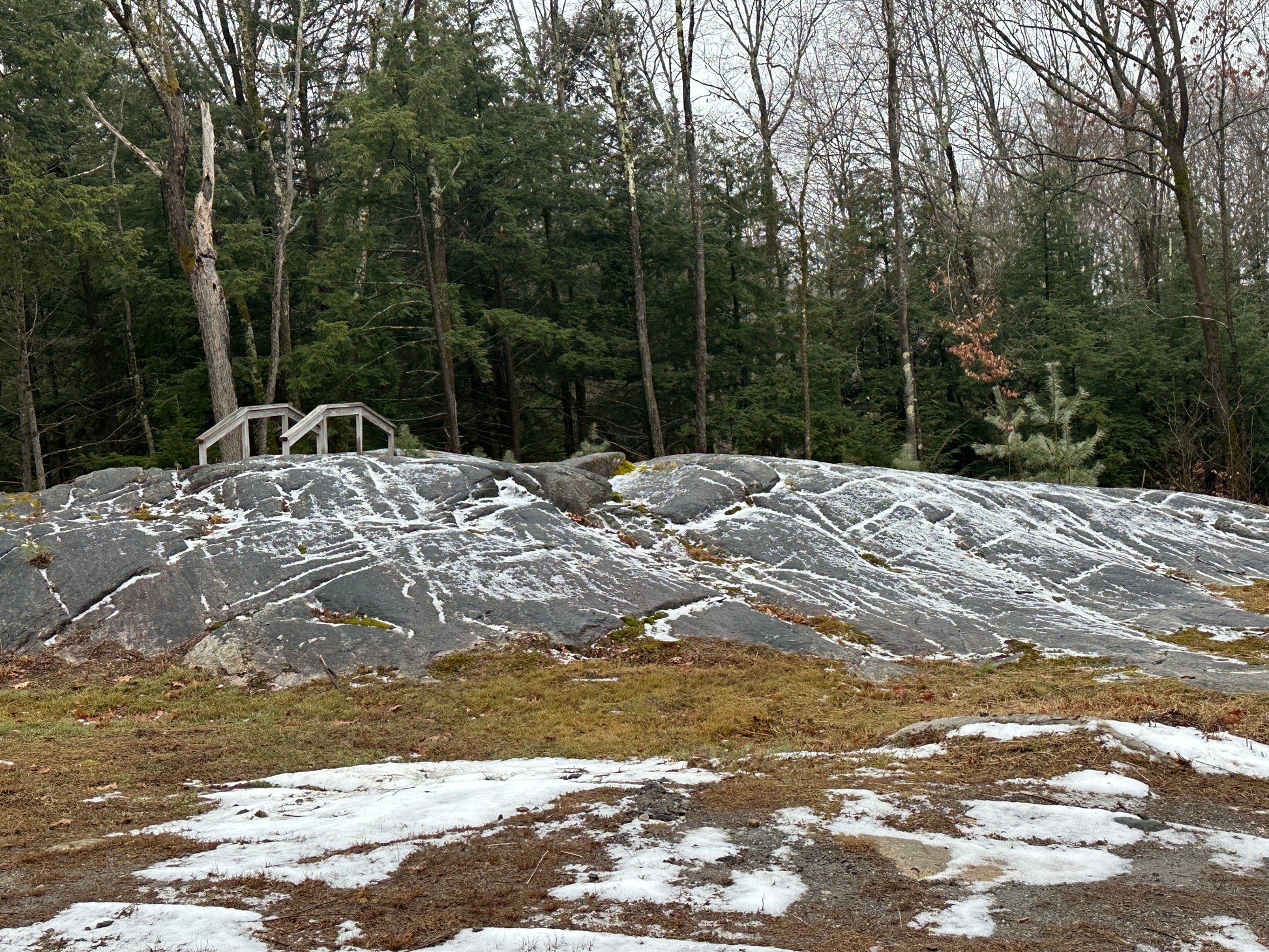 Rocks with snow patches in a forested area