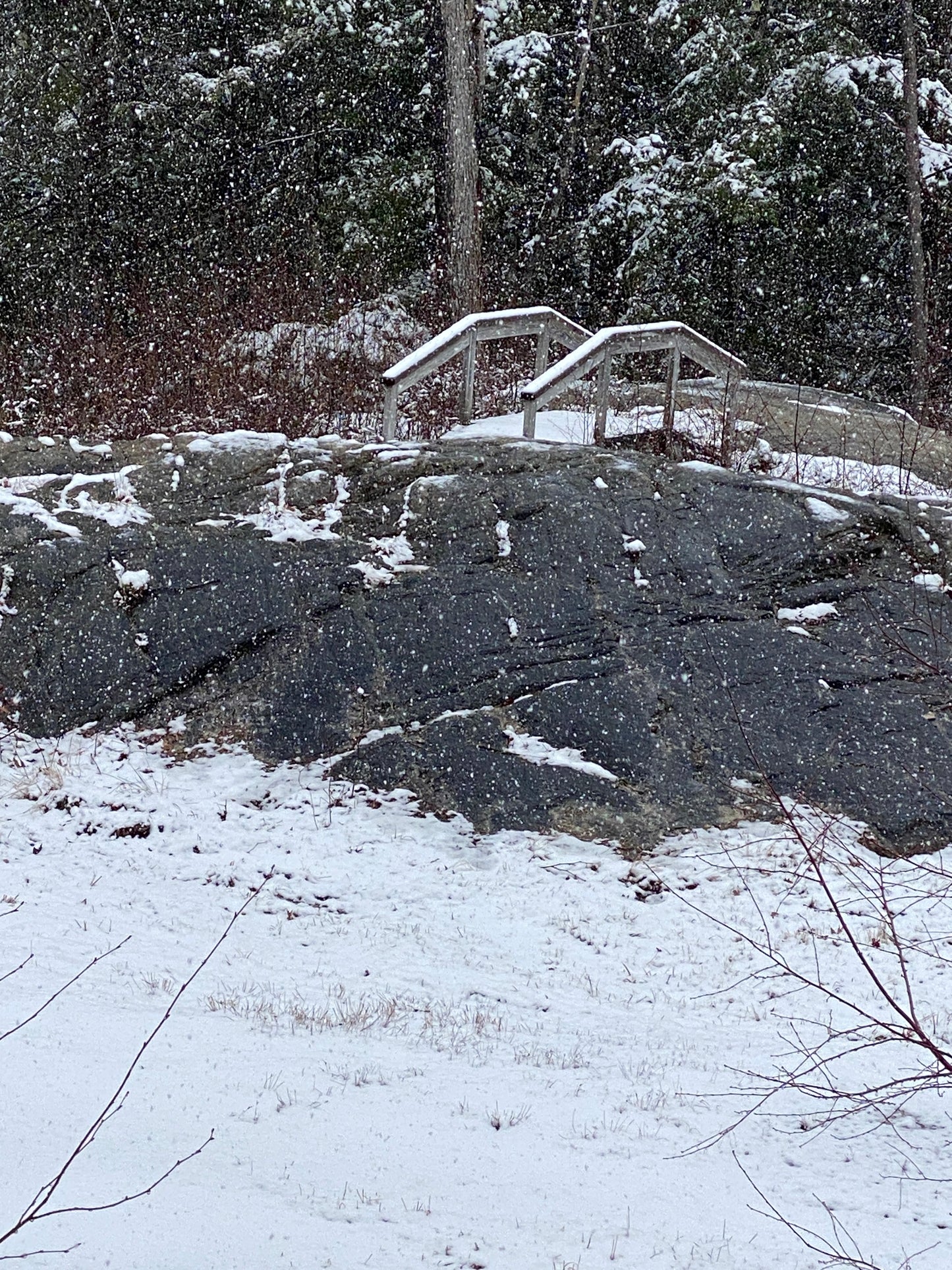 Winter scene with a snow-covered path and steps leading to a building.