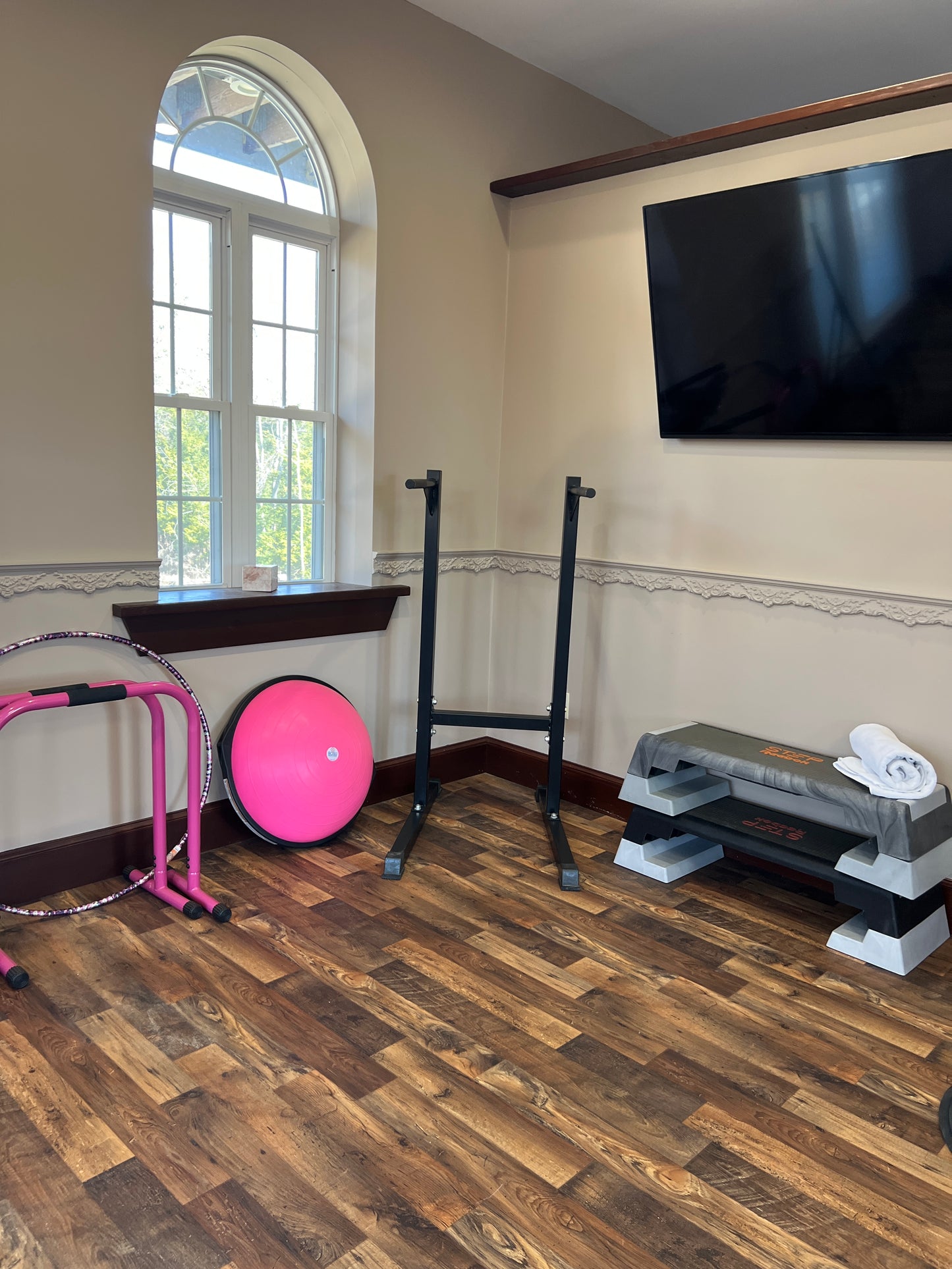 Room with exercise equipment including a pink stability ball and resistance bands on a wooden floor.