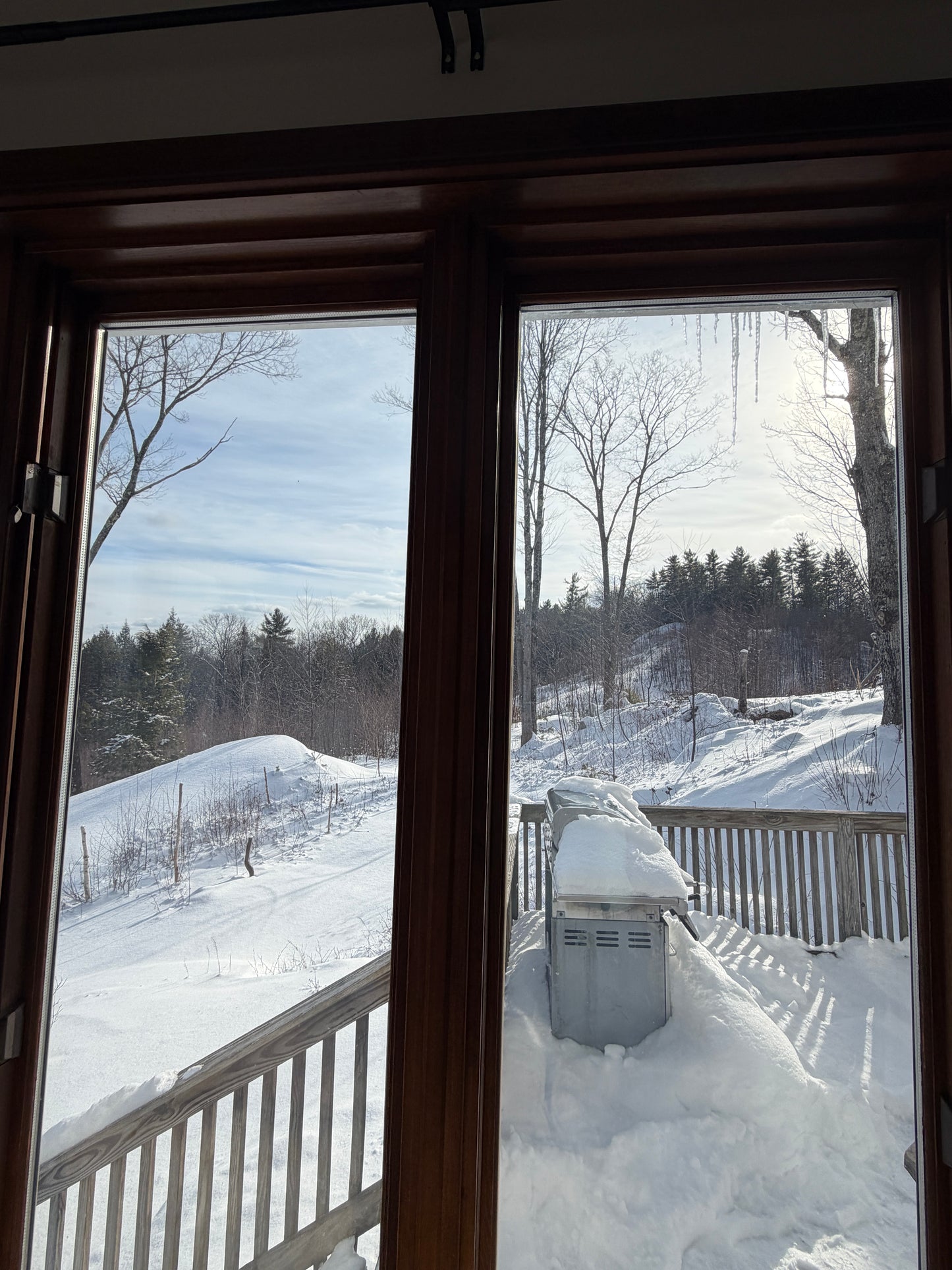 Window view  of the deck off the sunroom of a snowy landscape with trees and a building.