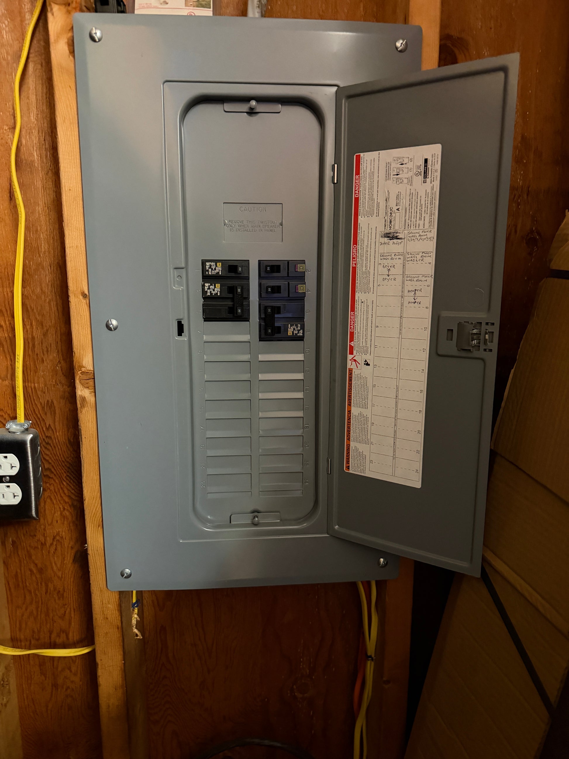 Electrical panel  4th floor on a wooden floor with visible wiring.