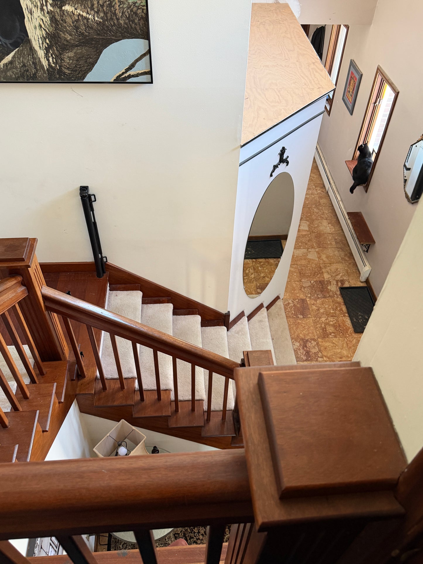 Wooden staircase with white carpeted steps in a modern interior setting.