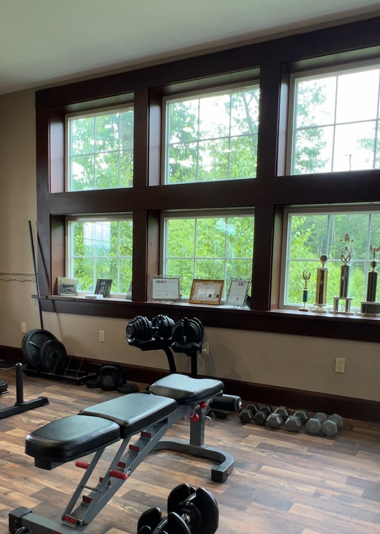 Fitness studio gym with weight bench, dumbbells, and trophies by large windows.
