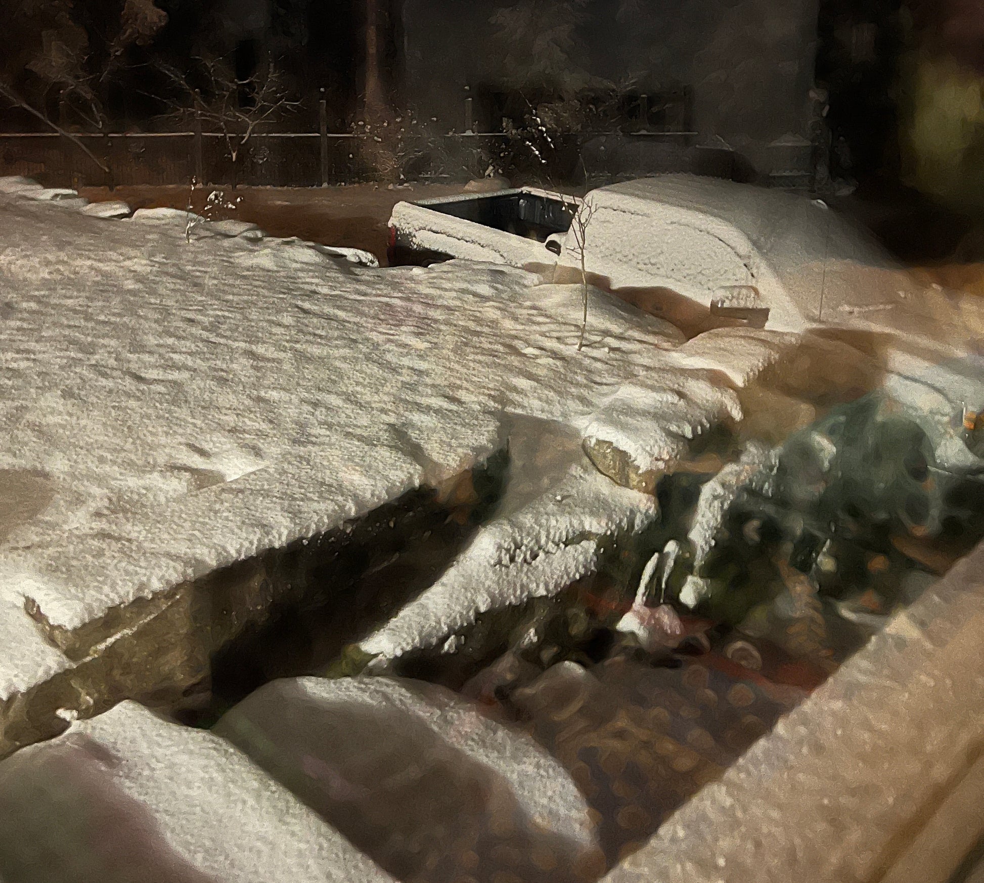 Snowy  rock stairway with a blurred background