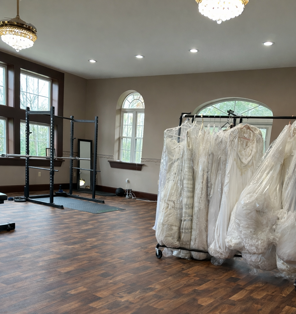 Bridal gowns on display in a room with wooden flooring and large windows.