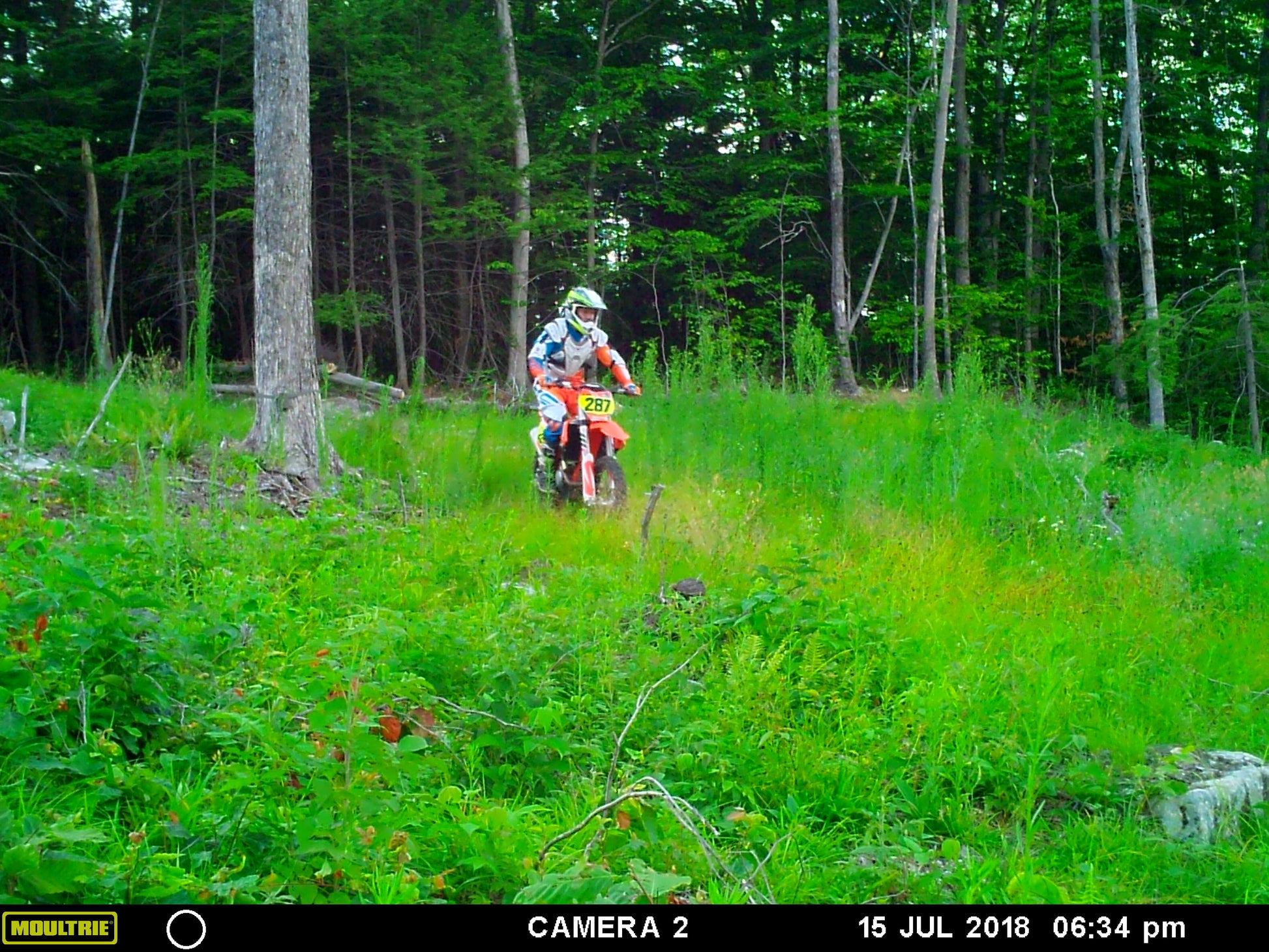 Person riding a dirt bike  on the course through a forested area with Moultrie camera branding.