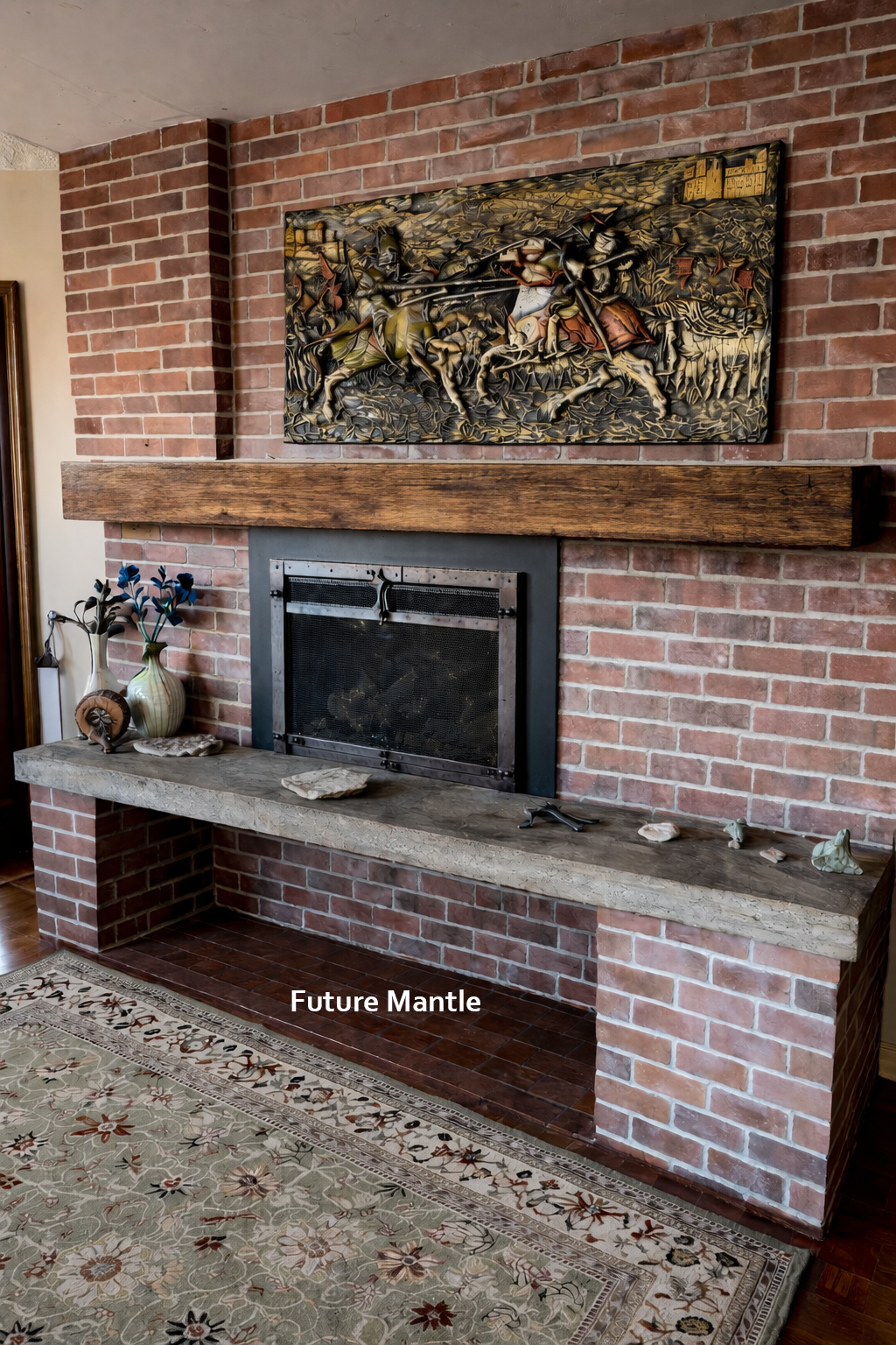 Brick fireplace with wooden mantel and decorative artwork above, labeled 'Future Mantle'.